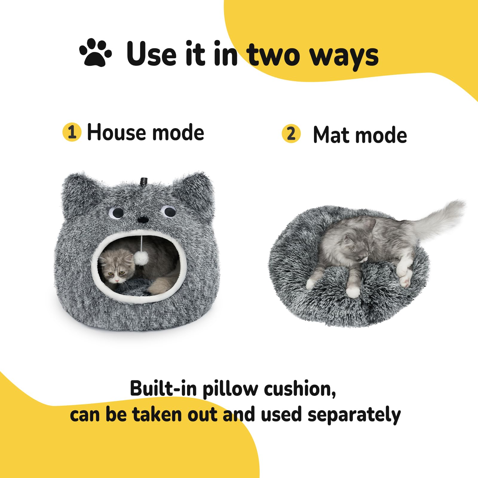 Catism Cat Bed For Indoor Cats - Cat Bed Cave Washable, Soft Plush, Removable Pillow, Non-Slip Base, Large Cave With Toy Balls F