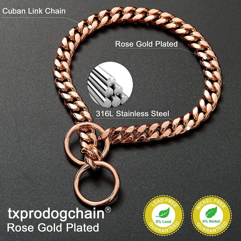 txprodogchains Rose Gold Cuban Link Dog Collar - Stainless Steel, 22" (Fits 18"-20") for Small to Large Dogs
