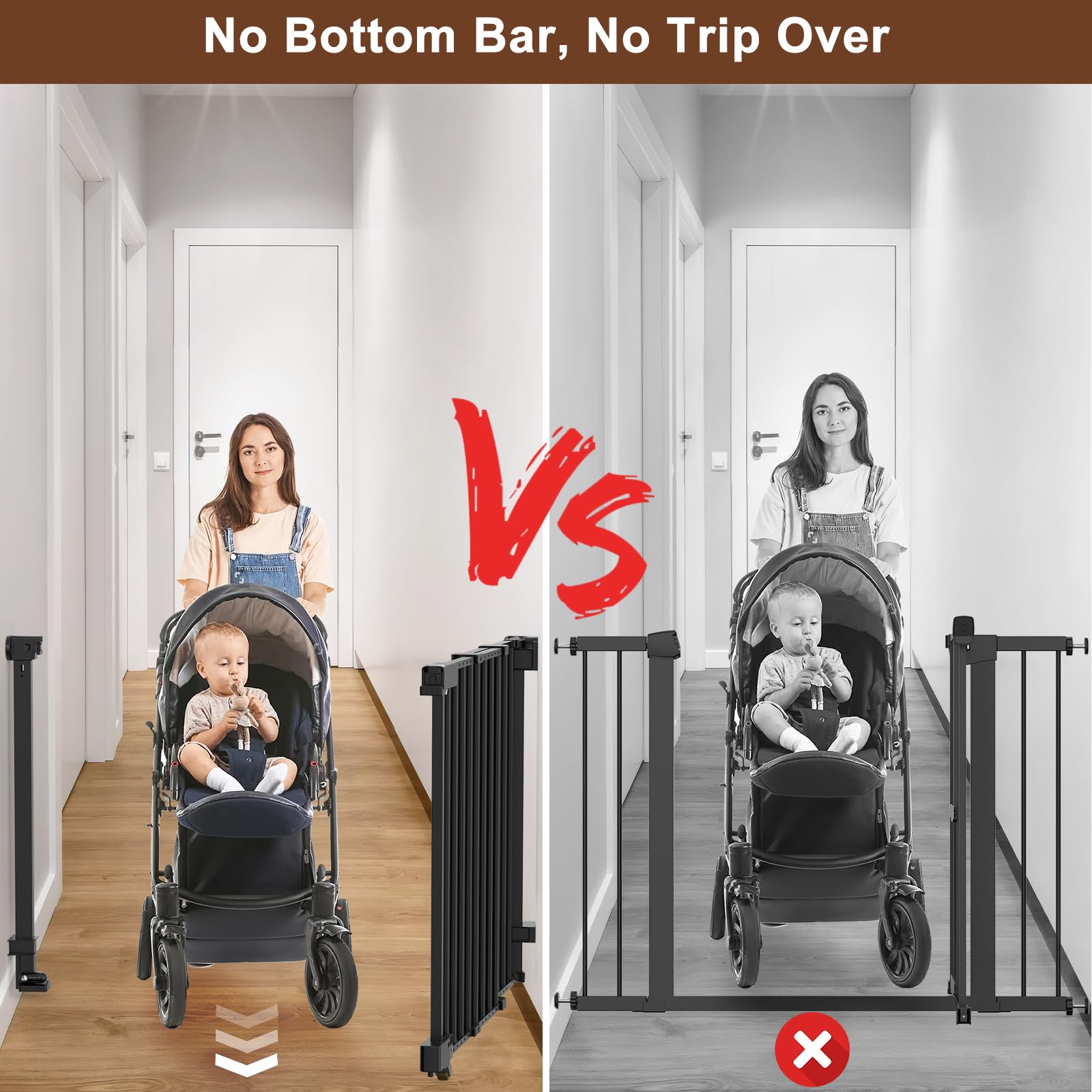 FURTIME 29-43.3 '' Sliding Baby/Dog Gate, No Bottom Bar Baby Gate for Doorways, Extra-Wide Walk Thru Door with Bottom Rubber Whe