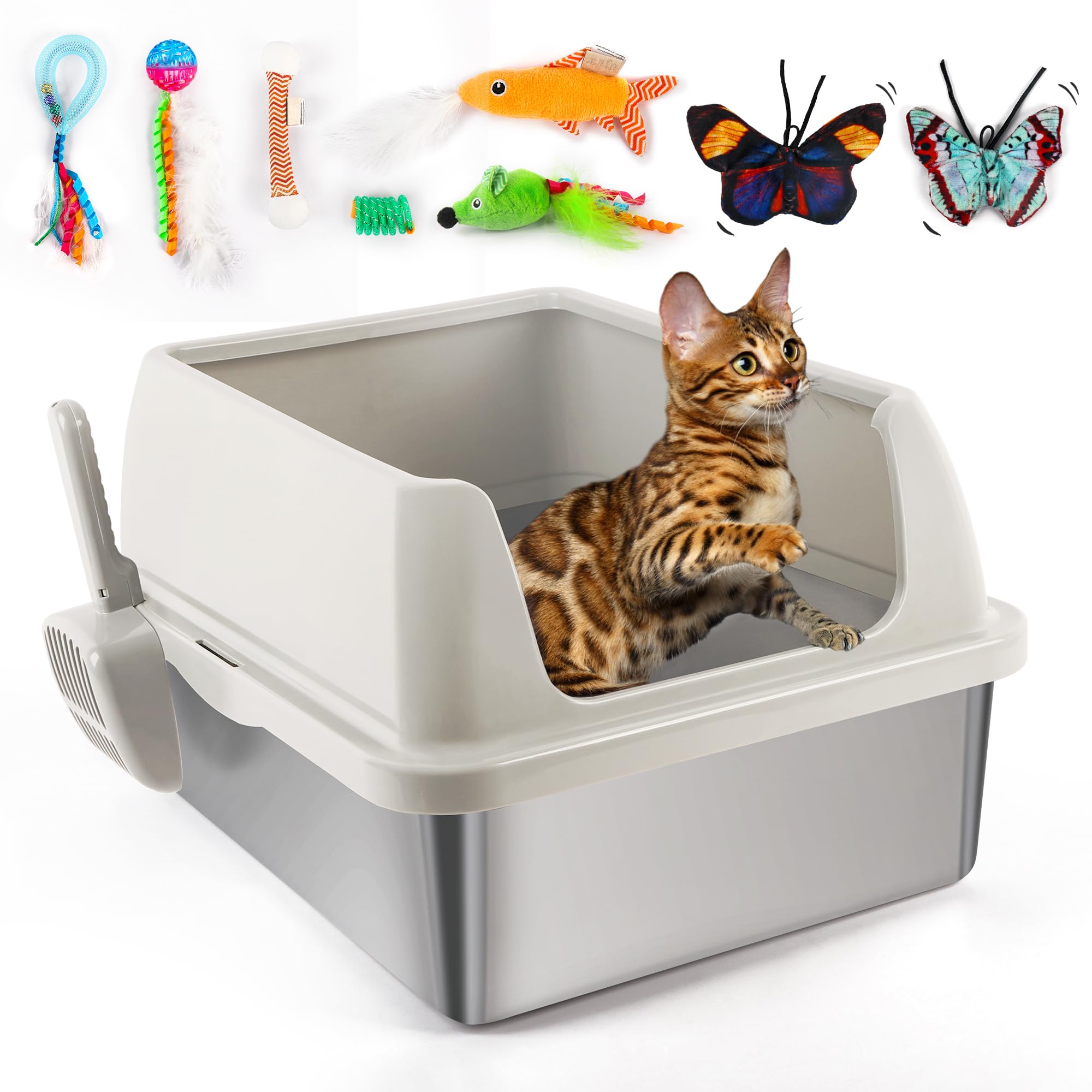 AFP Stainless Steel Cat Litter Box with Lid - XL Litter Box for Big Cats | High Sides, Non-Sticky, Anti-Leakage, Odor Control & 