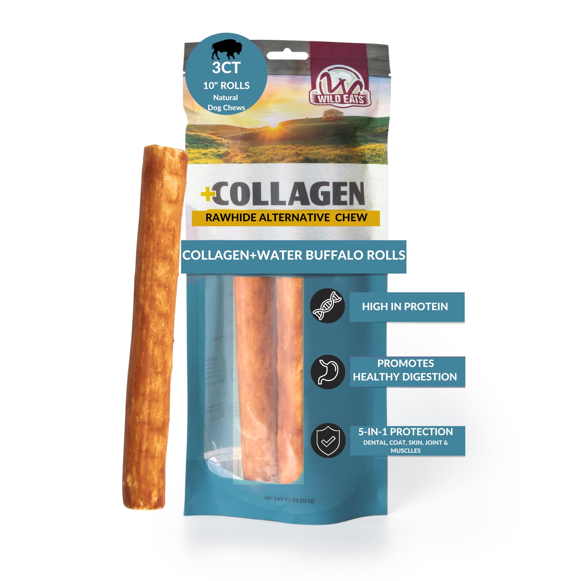 Wild Eats Water Buffalo Flavor Collagen Retriever Style Cheek Rolls 10 Dog Chews-3 Pack (Long Lasting Dog Chews Treats & Bones f