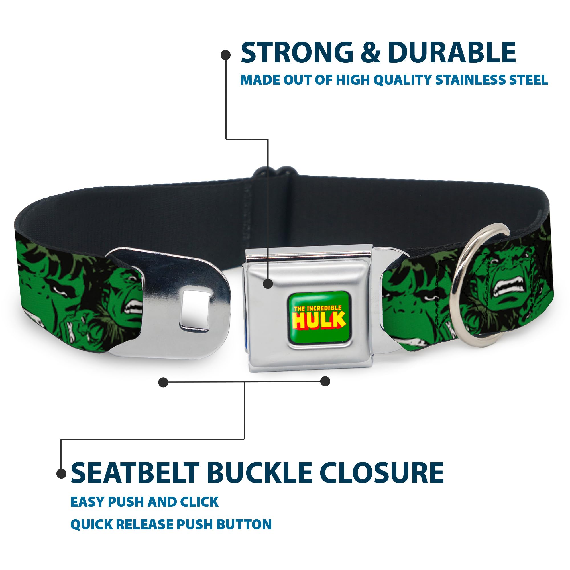Buckle-Down Seatbelt Buckle Dog Collar - The Hulk Stacked - 1' Wide - Fits 9-15' Neck - Small