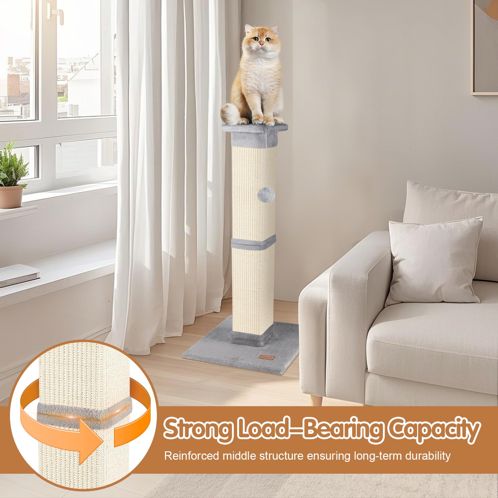 Cat Scratching Post 33 Inch For Indoor Cats, High Cat Scratch Post Brown, Cat Tree For Full-Body Stretching, Protect Your Furnit