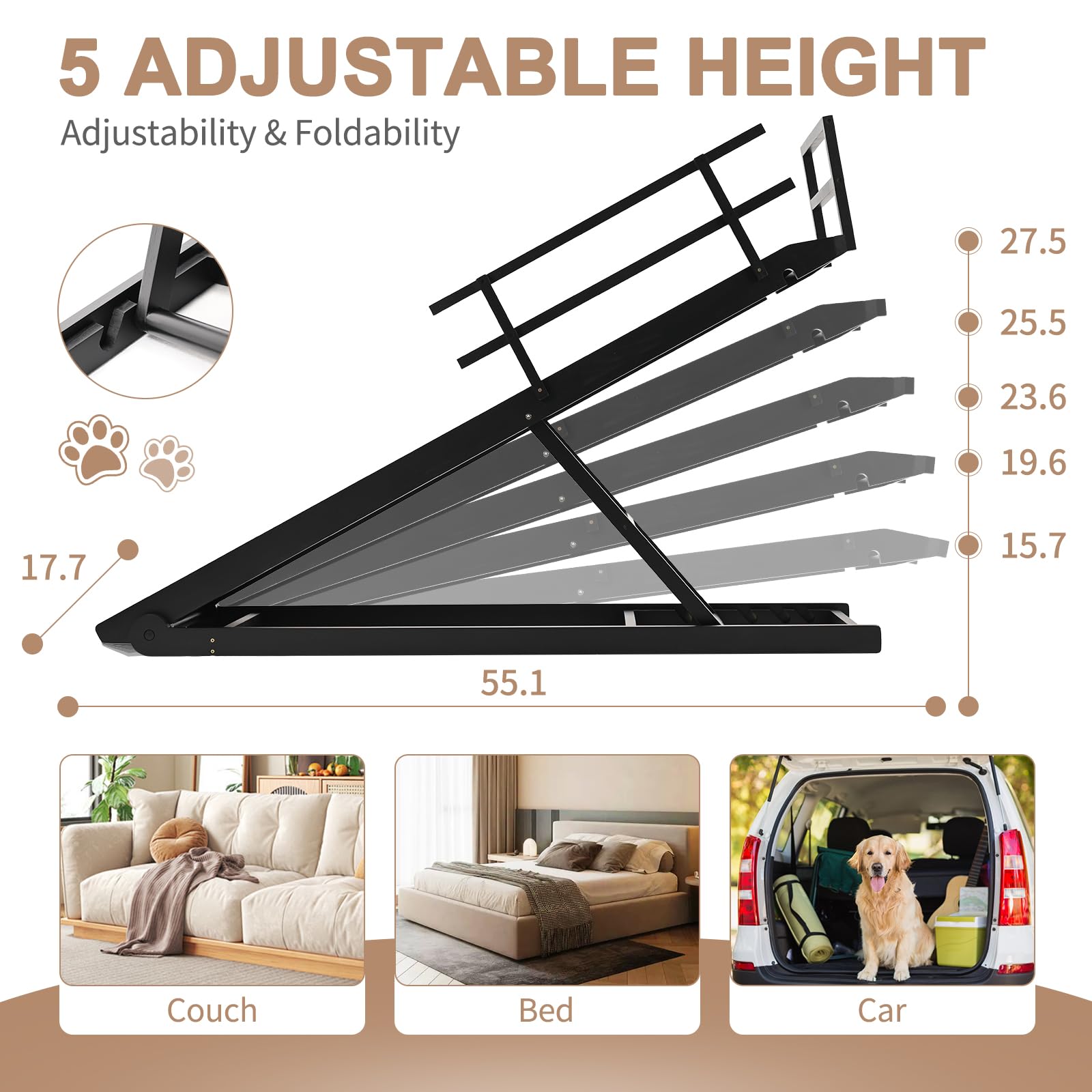 Slsy Foldable And Portable Dog Ramp, Rubber Mat High Traction Ramp For Small Pets, 5 Adjustable Levels, 55'' Long For High Bed,