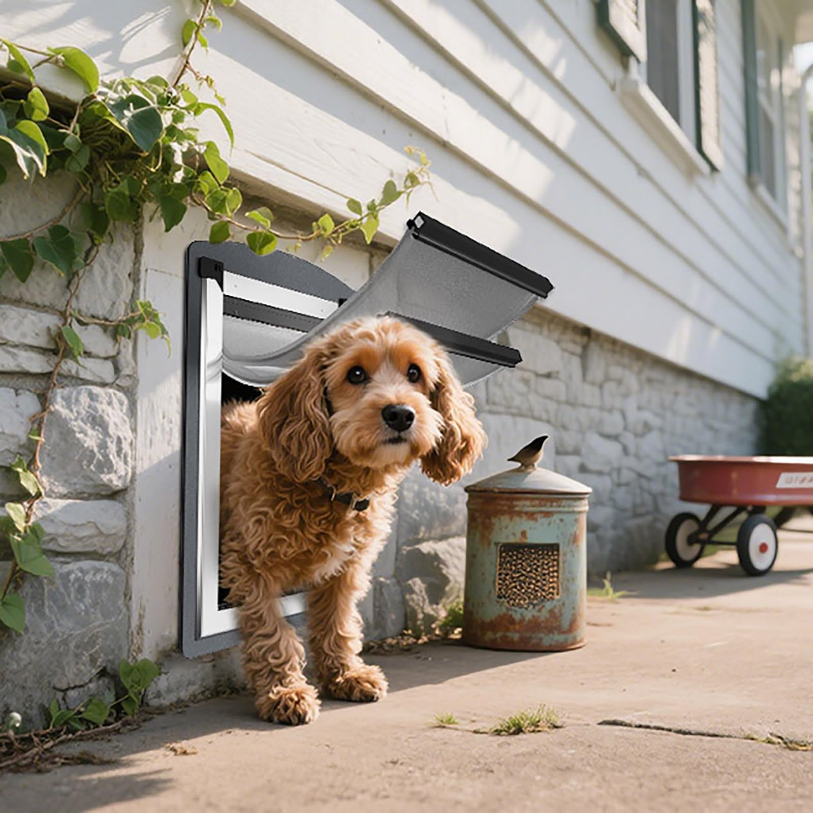 FreeStanding Dog Door - Steel Frame with Telescoping Tunnel, Double Magnetic Flaps, Medium, Smoky Gray, Model FRMS100-2S-2S