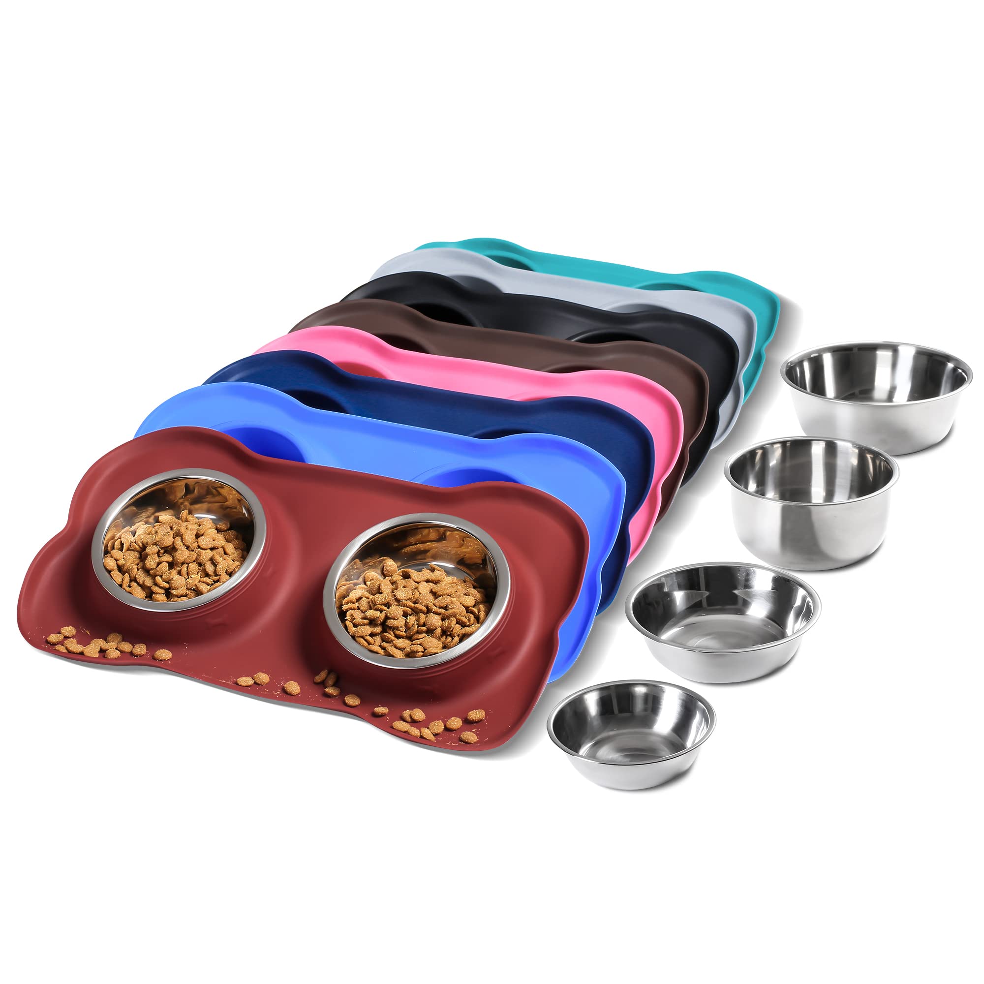 Hubulk Pet Dog Bowls - Stainless Steel with Non-Skid Silicone Mat, Small Size, Burgundy, Includes Food Scoop for Dogs and Cats