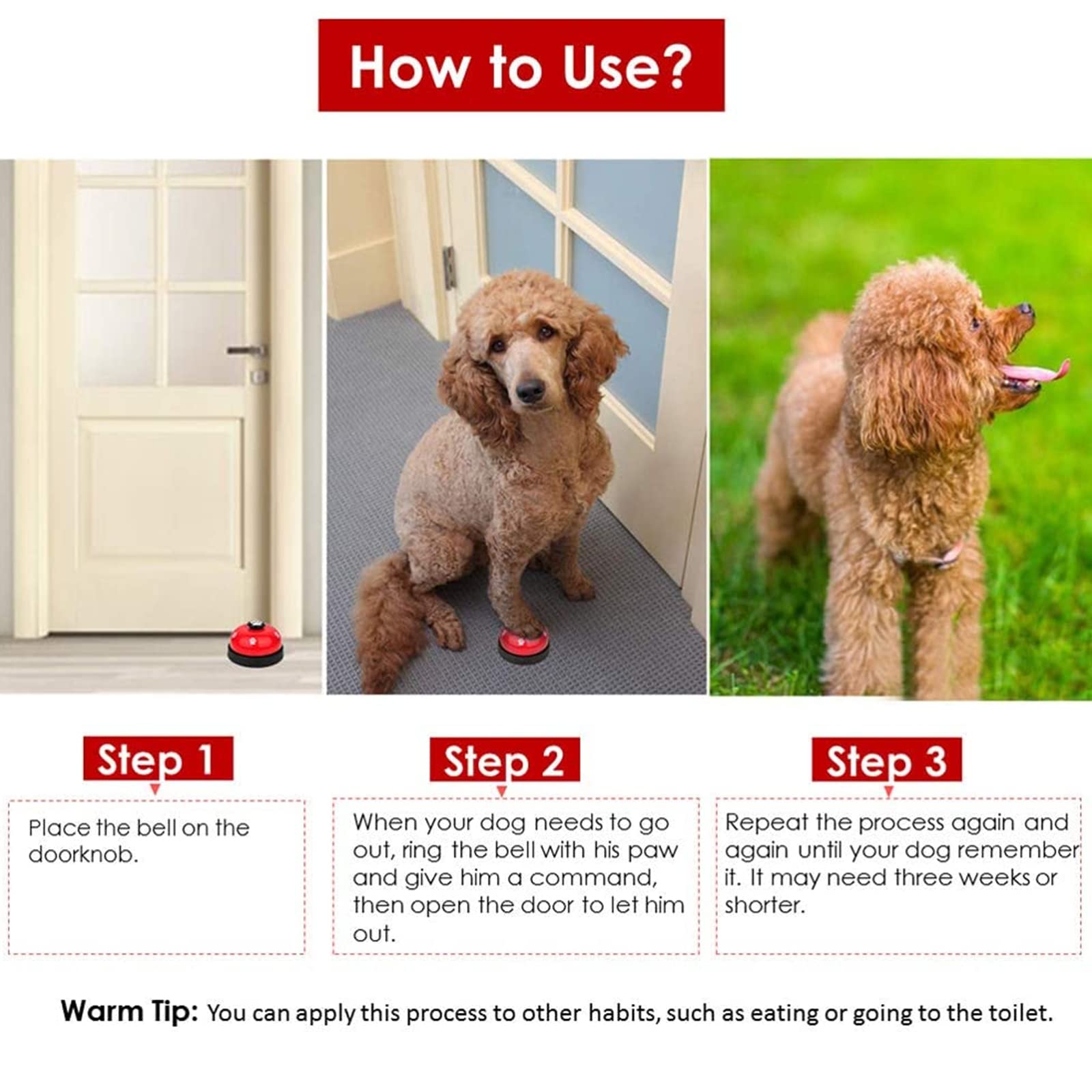 Slowton Dog Doorbells, 2 Pack Metal Bell Dog Training With Non Skid Rubber Bottoms Dog Door Bell For Potty Training Clear Ring Pet Tool Communication Device For Small Dogs Cats (Red+White)
