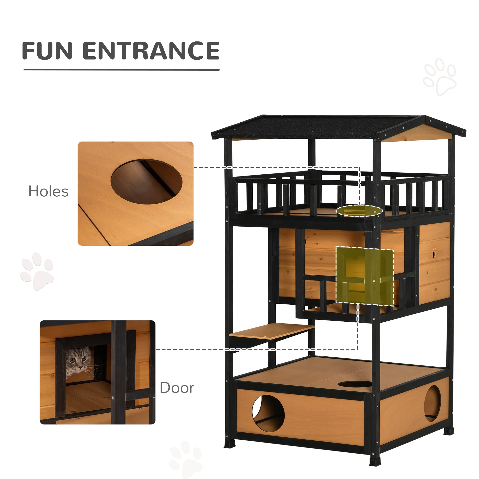 Pawhut Wooden Outdoor Cat House, Feral Cat Shelter Kitten Condo With Asphalt Roof, Escape Doors, Condo, Jumping Platform, Yellow