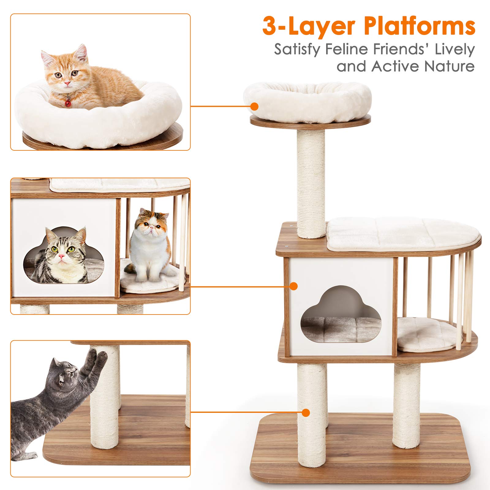 Tangkula Modern Wood Cat Tree, 46 Inches Cat Tower With Platform, Cat Activity Center With Scratching Posts And Washable Cushions, Wooden Cat Condo Furniture For Kittens And Cats (Natural)