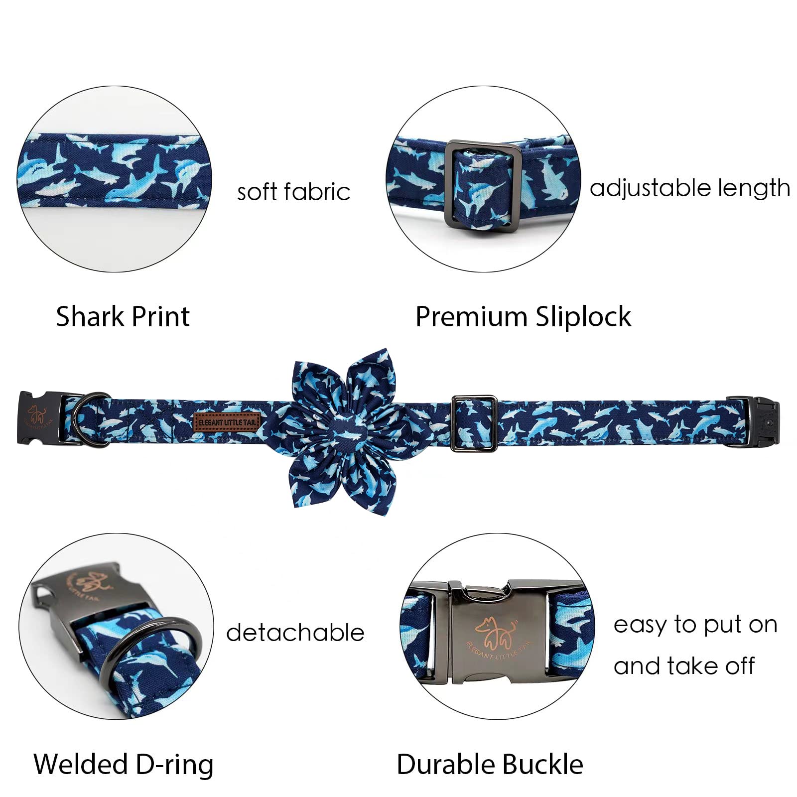 Elegant little tail Dog Collar with Flower - Shark Print Dog Collar Durable Cute Flower Collar Adjustable Dog Collar for Large D