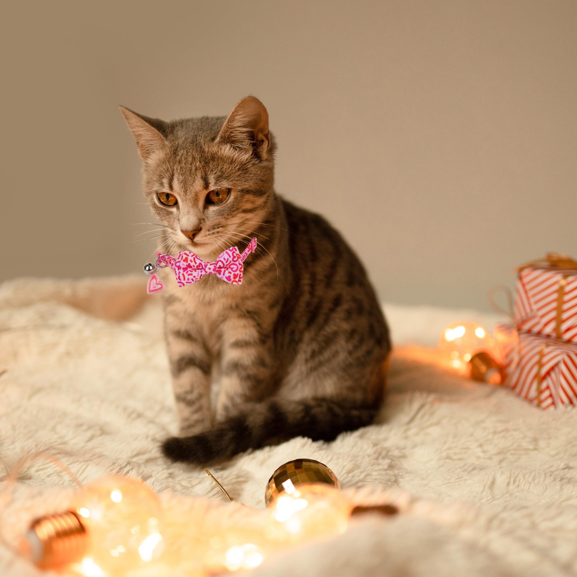 Adoggygo Pink Valentine Cat Collar With Bowtie Bandana, Valentine Kitten Bowtie Collar, Pet Heart Collars For Cat Kitten