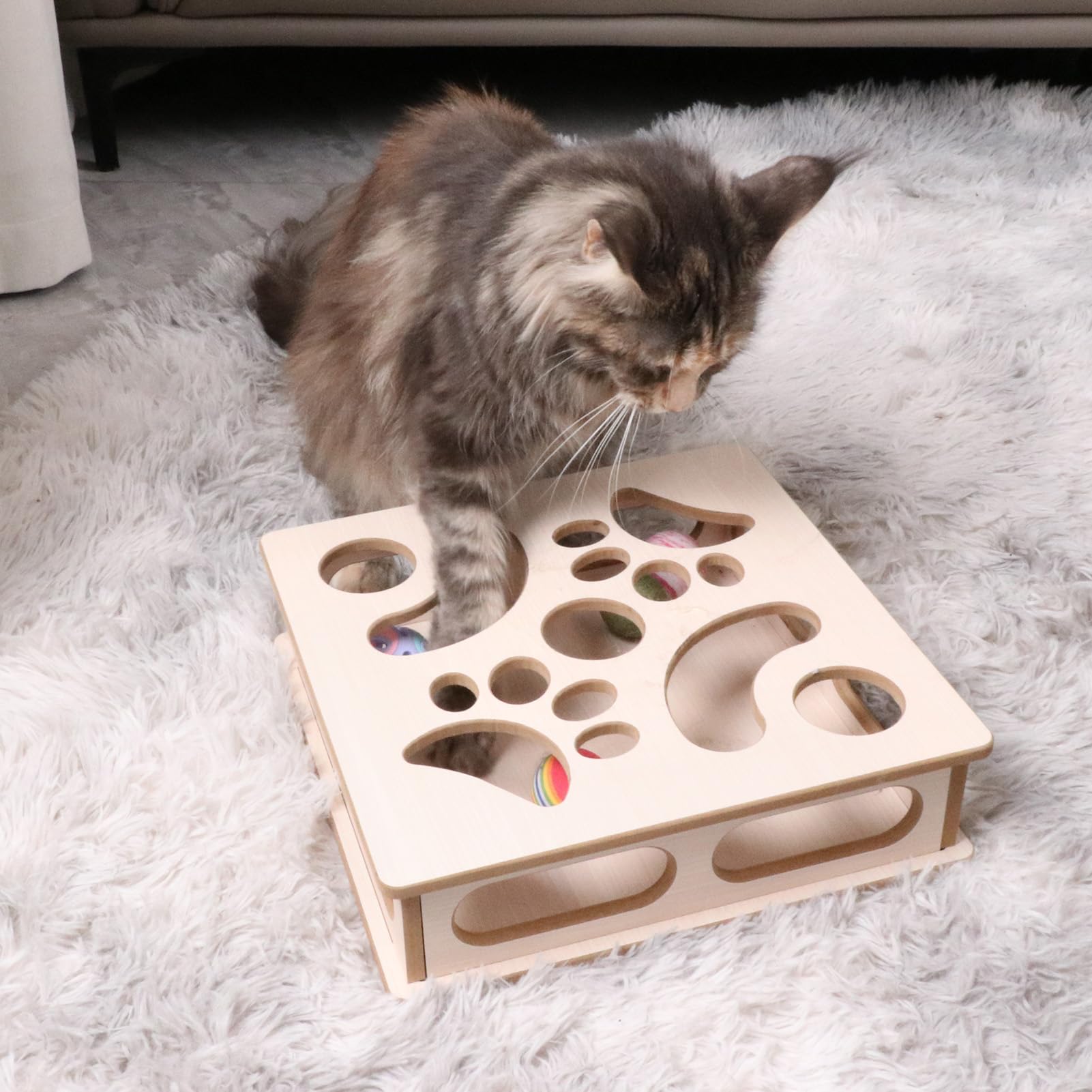 DI BI GRAMAS Cat Interactive Box Puzzle Toy with 3 Small Balls and 1 Bell Indoor Hunting Exercise Toy for Kittens Natural Wood M