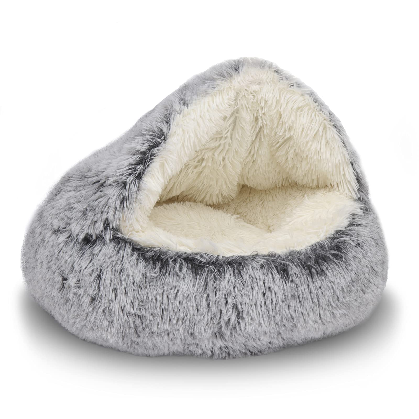 Shinhye Cat Bed Round Plush Fluffy Hooded Cat Bed Cave, Cozy For Indoor Cats Or Small Dog Beds, Soothing Pet Beds Doughnut Calm Anti-Nxiety Dog Bed - Waterproof Bottom Washable, (23×23Inch, Grey)