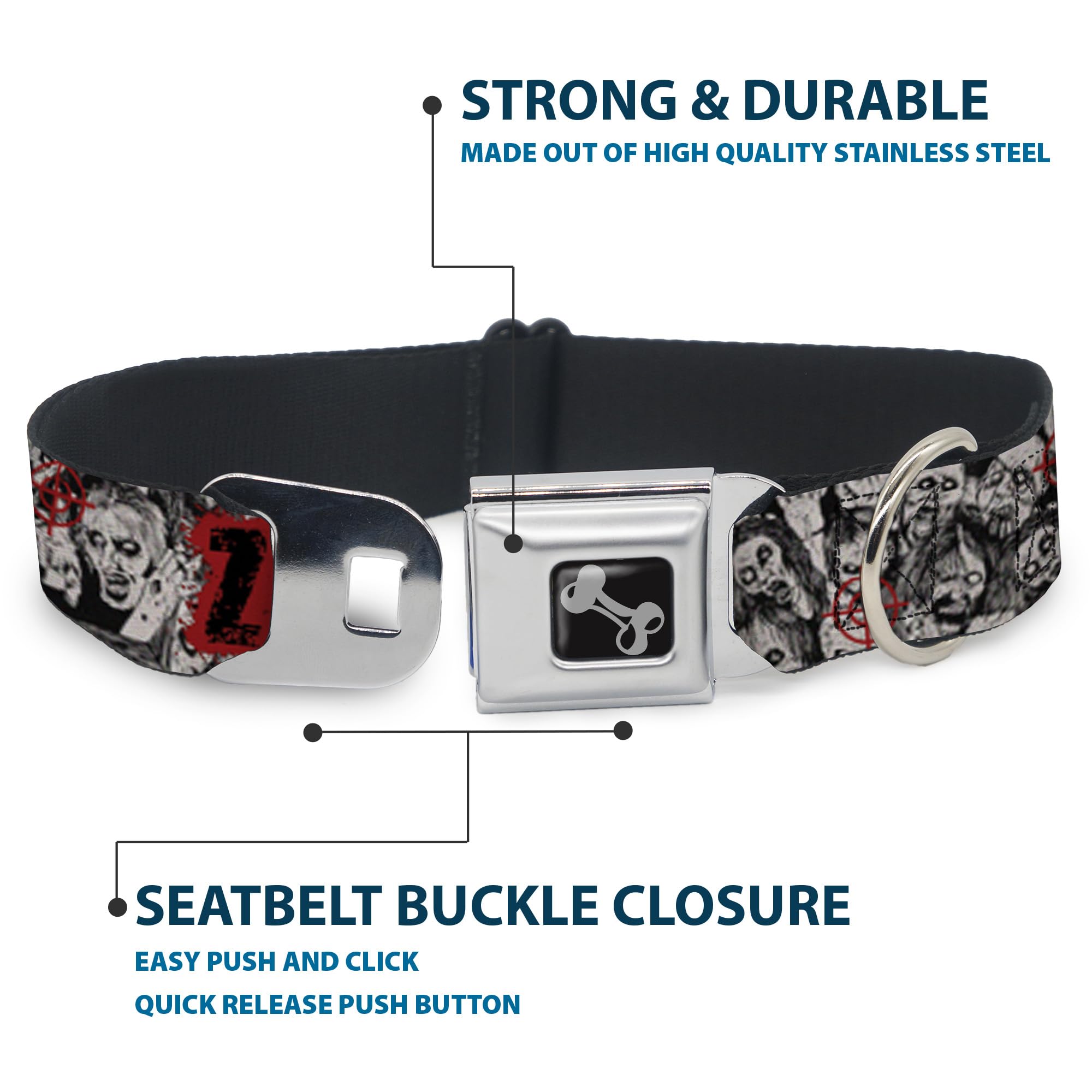Buckle-Down Seatbelt Buckle Dog Collar - Zombie Killer W/Stacked Zombies Sketch - 1'' Wide - Fits 9-15'' Neck - Small