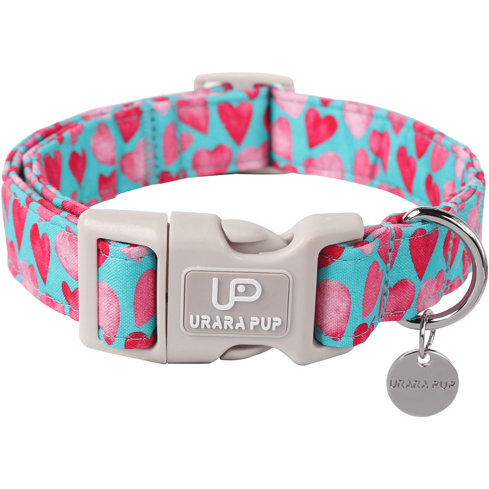 Up Urara Pup Pink Heart Dog Collar, Valentine'S Gift For Puppy Small Medium Dogs, Adjustable Size, Cotton Material, Unique Desig