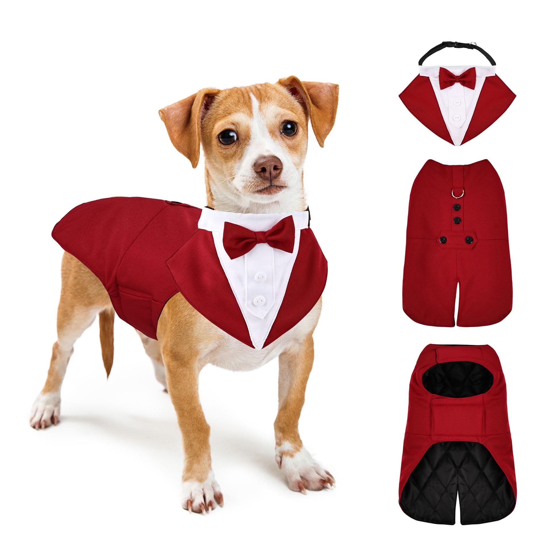 Dog Wedding Outfit Stylish Suit Bow Tie Costume Cold Weather Warm Flannel Lining Christmas Party Formal Tuxedo (Burgundy,L)
