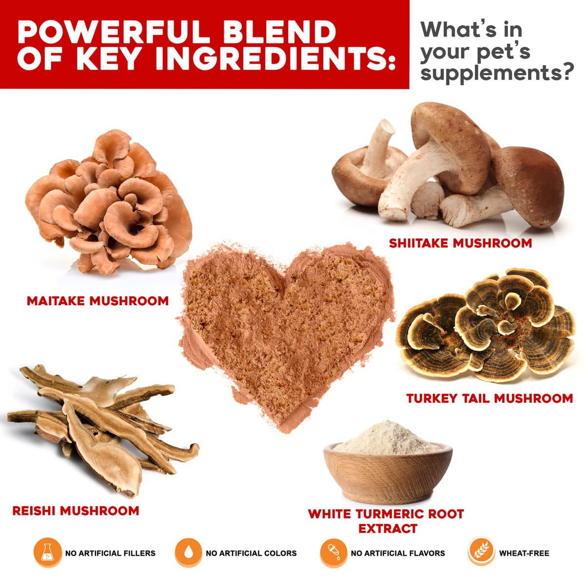 VetSmart Formulas Turkey Tail Mushroom for Dogs Immune Support with Reishi, Shiitake, Maitake Mushroom and Patented White Turmer