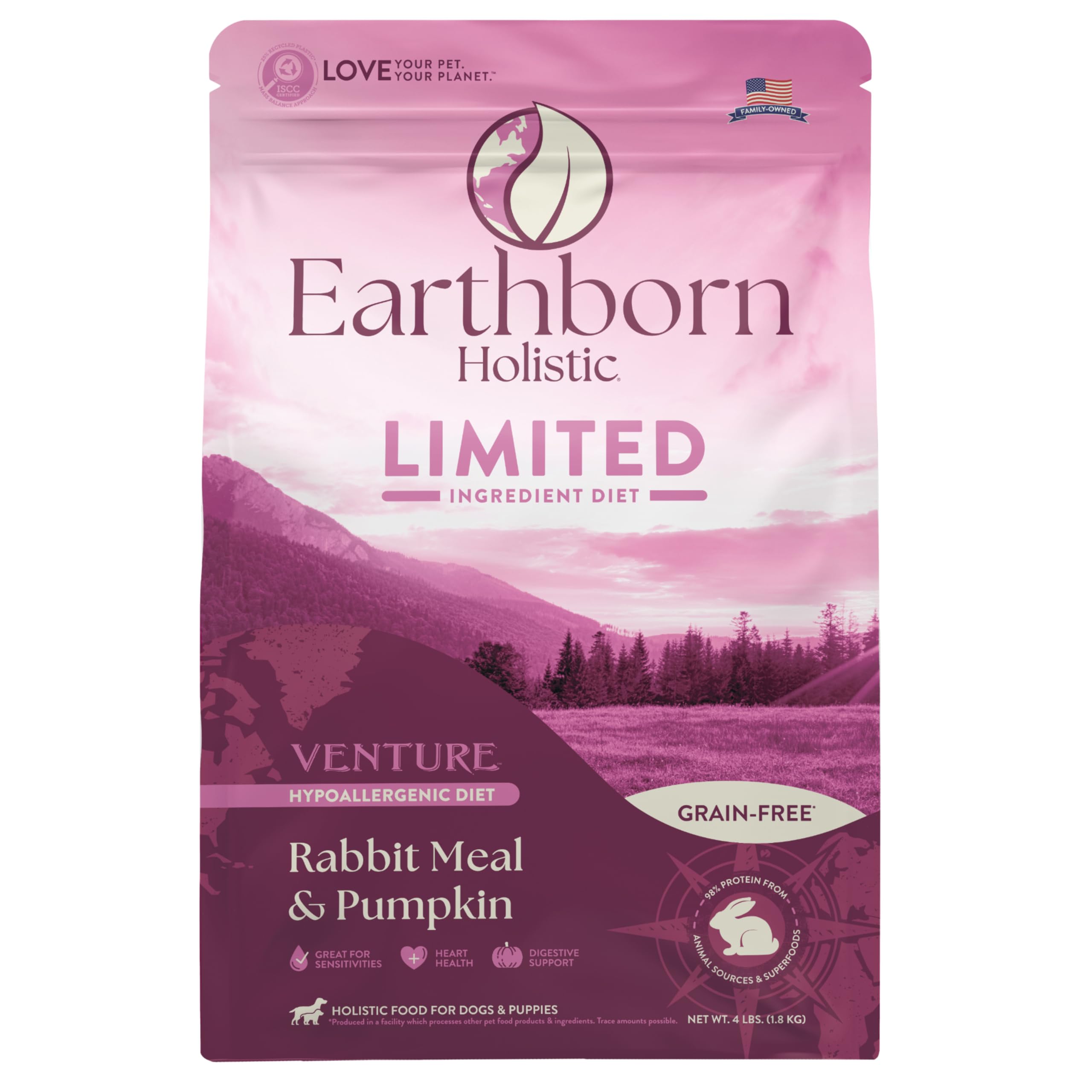 Earthborn Holistic Venture Rabbit Meal & Pumpkin Limited Ingredient Diet Grain Free Dry Dog Food, 4 lbs.
