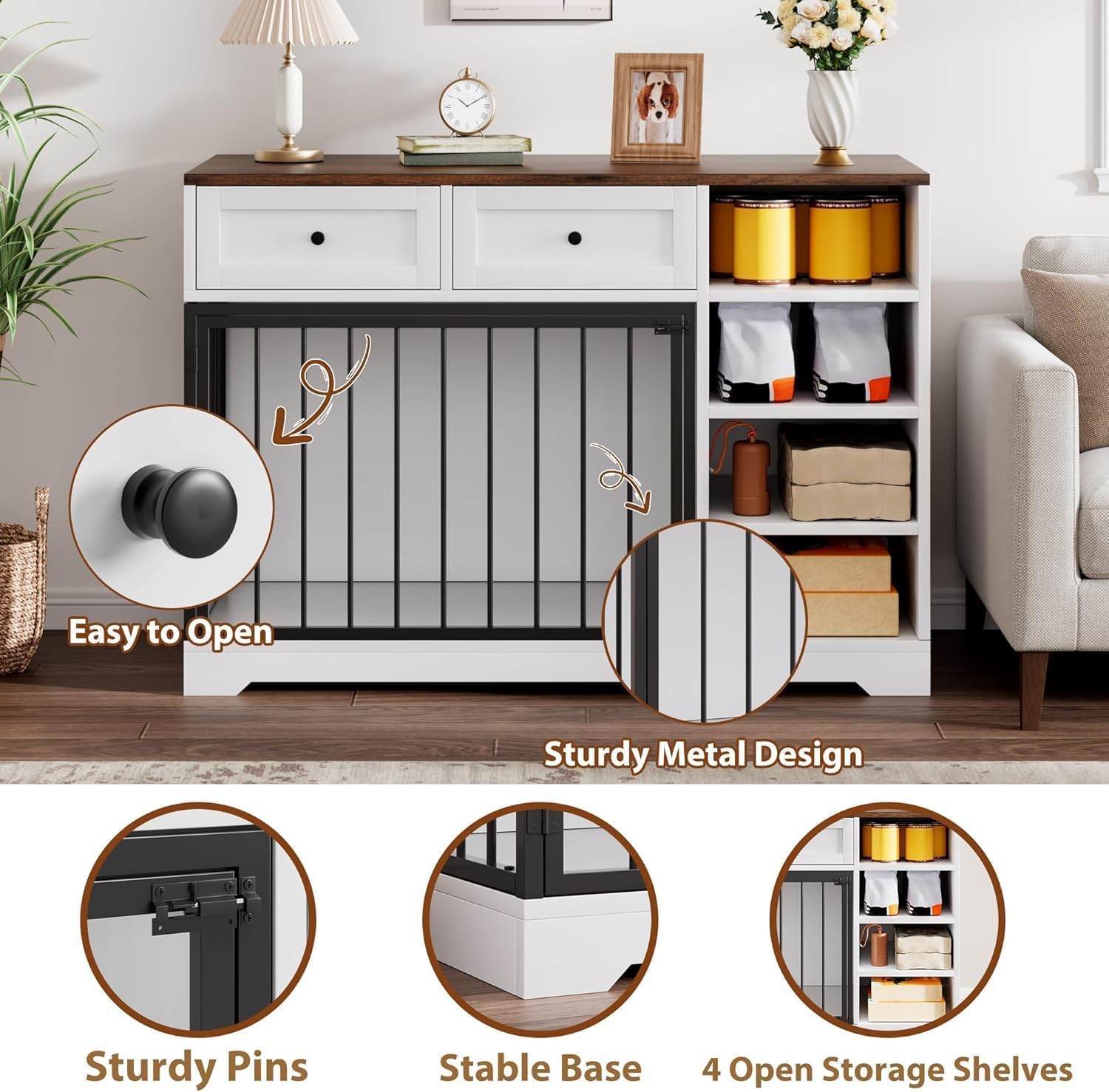 Garvee 47 in Dog Crate Furniture with 2 Storage Drawers, 4 Deep Shelves, Farmhouse Extra Large Wooden Dogs Cage End Table, Multi