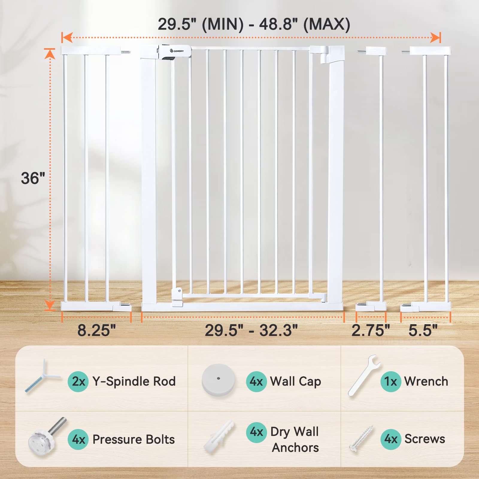Comomy 36' Extra Tall Baby Gate For Stairs Doorways, Fits Openings 29.5' To 48.8' Wide, Auto Close Extra Wide Dog Gate For House, Pressure Mounted Easy Walk Through Pet Gate With Door, White