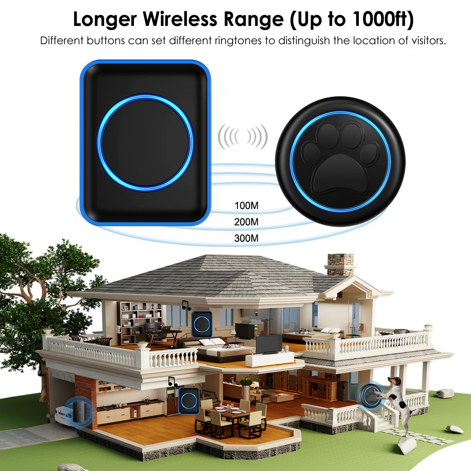 Full House Dog Doorbell For Potty Training, Wireless Pet Doggie Door Bell Training To Go Outside, Waterproof Touch Button, Over