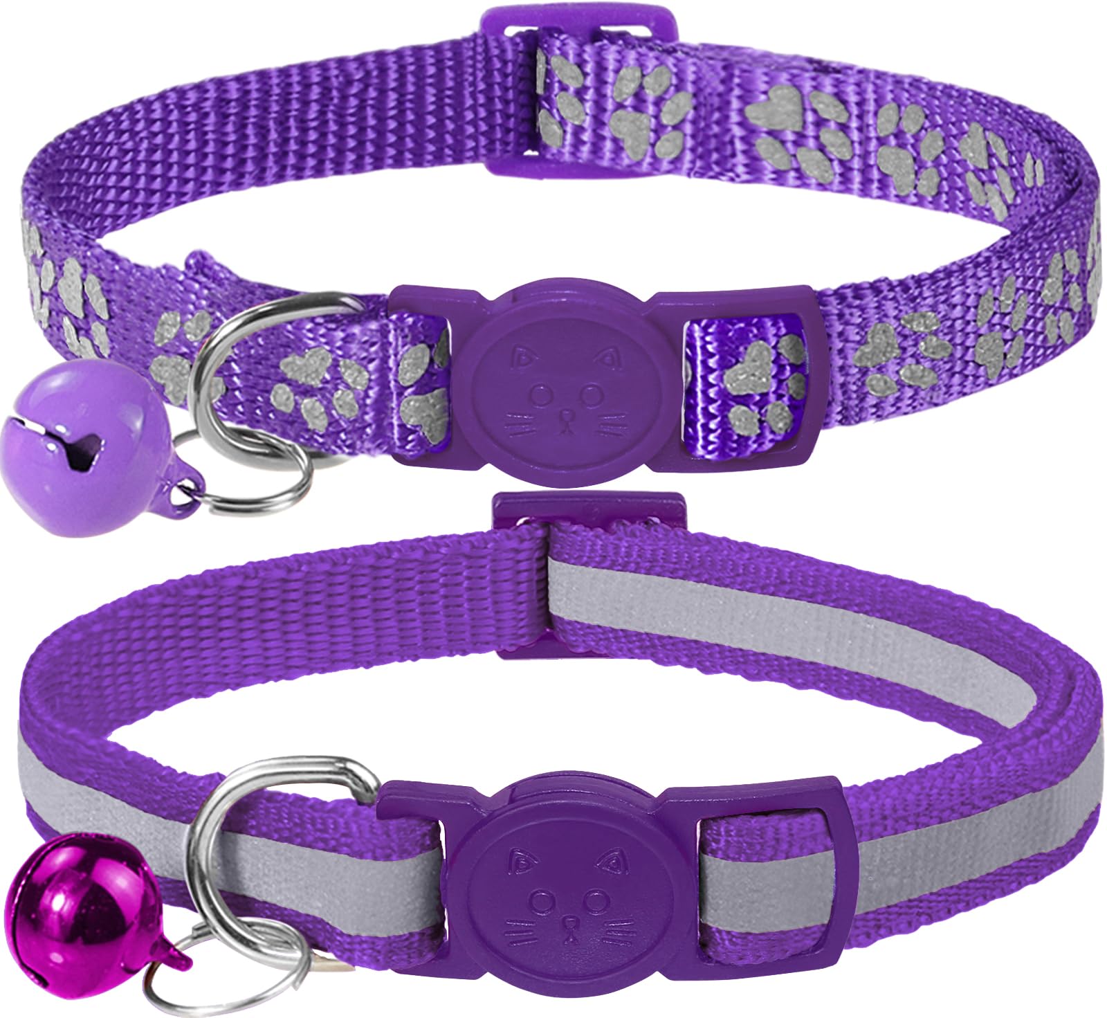 Taglory Reflective Cat Collars Breakaway With Bell, 2-Pack Girl Boy Pet Kitten Collar Adjustable 7.5-12.5 Inch, Purple