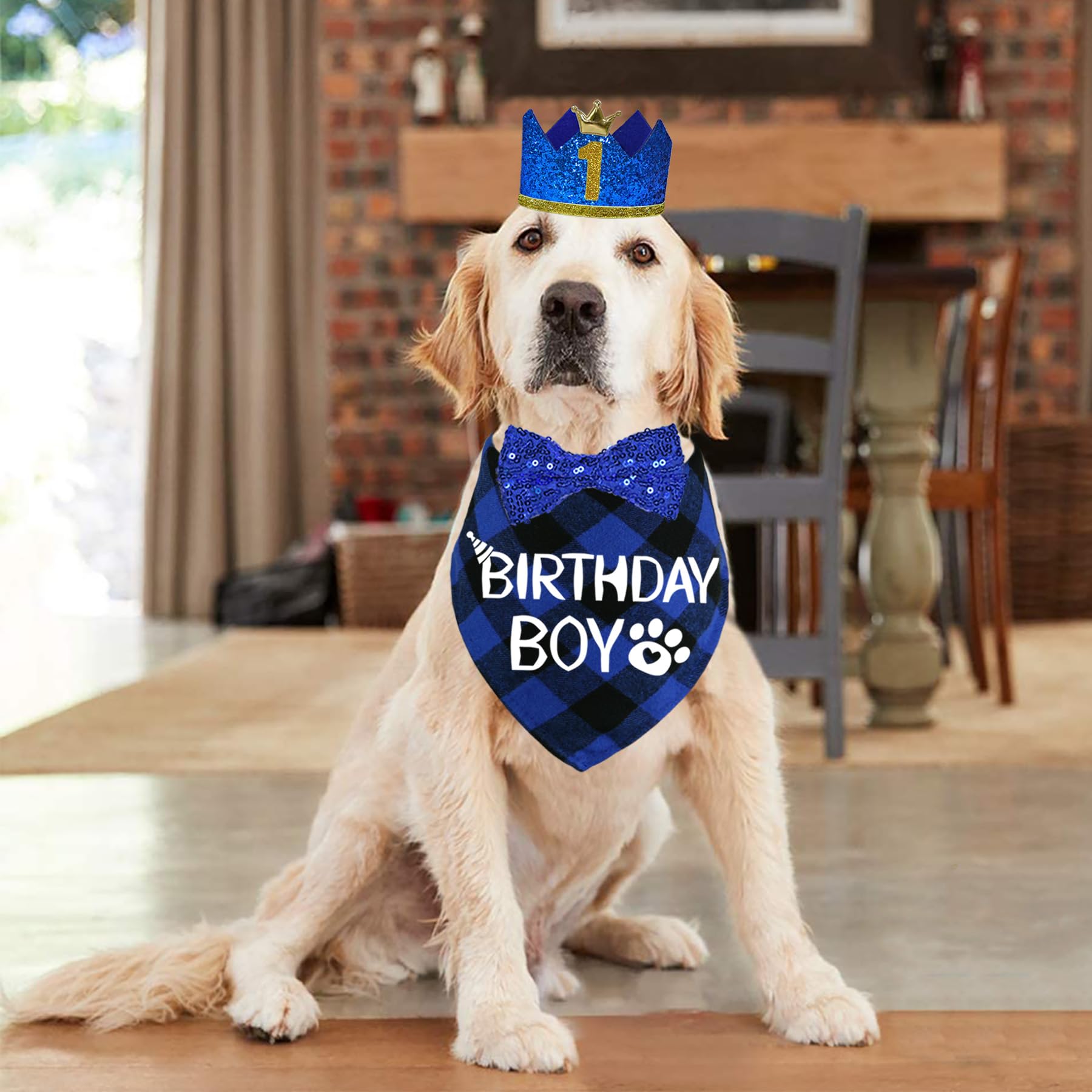 Stmk Dog Birthday Party Supplies, Multi Size Dog Birthday Hat With Numbers Bandana Bow Tie For Medium Large Dogs Pets (Blue, Lar