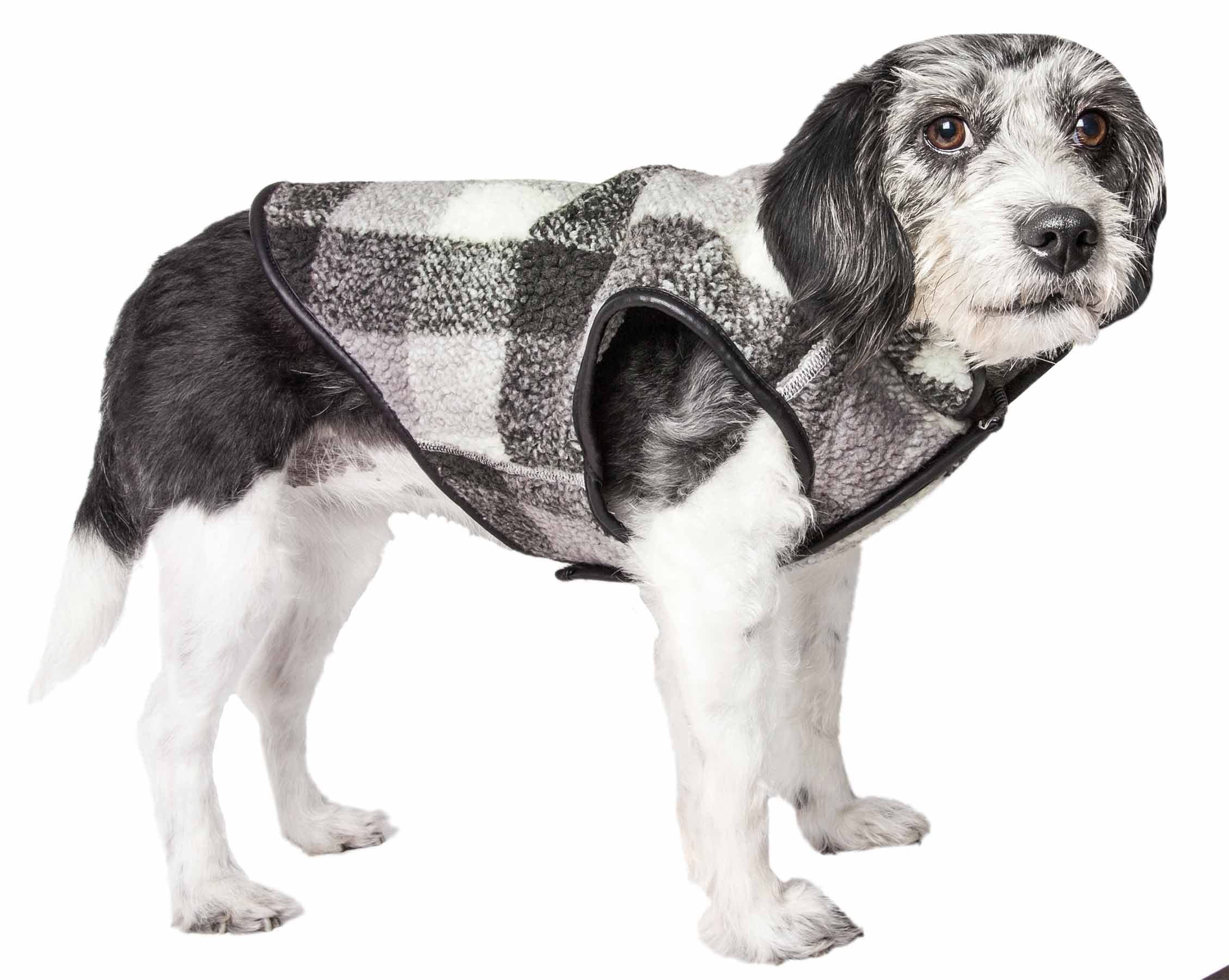 Pet Life ® 'Black Boxer' Plaid Dog Coat - Insulated Plaid Dog Jacket with Reversible Sherpa Lining - Winter Dog Coat for Small Medium Large Dogs