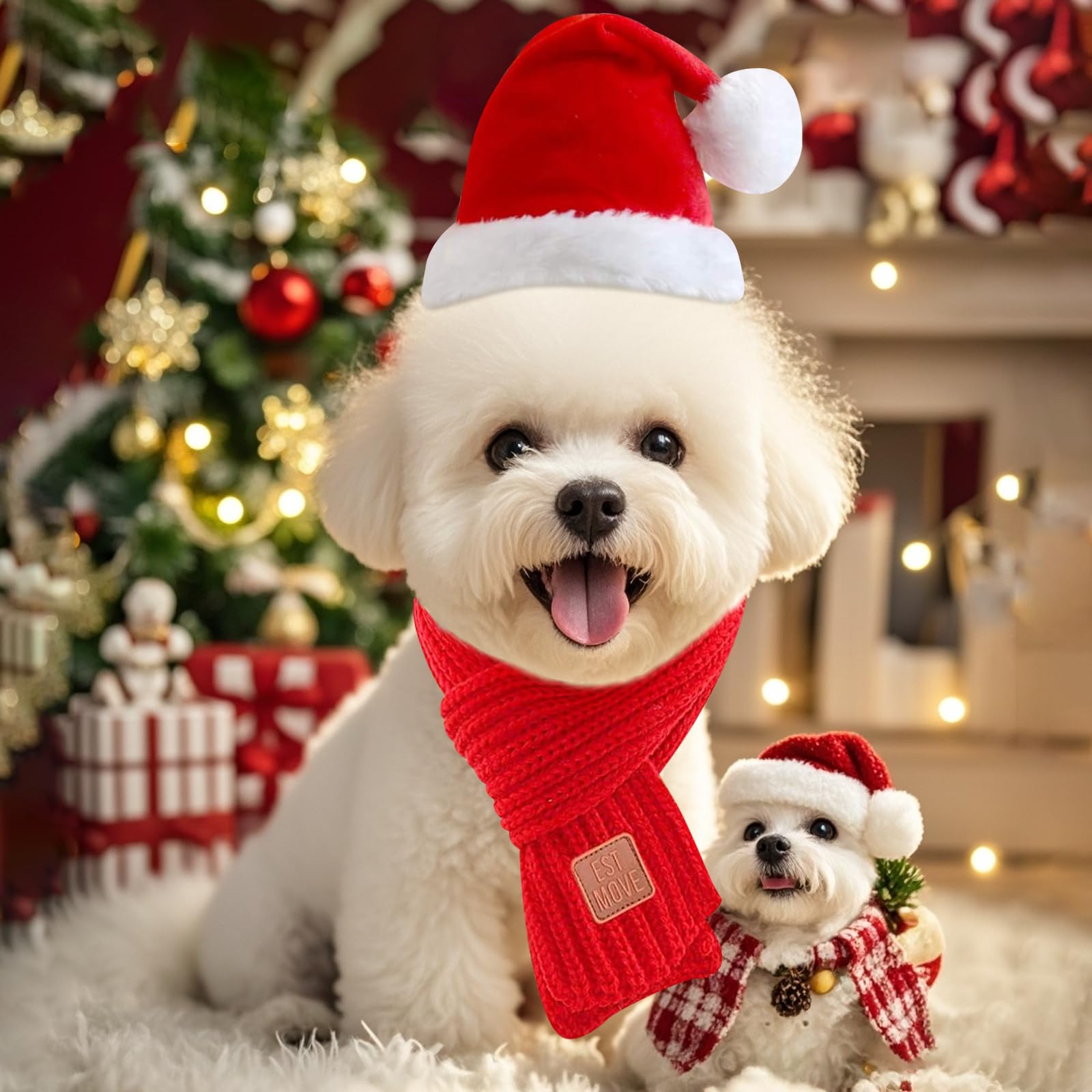 Dog Christmas Hat & Scarf Set For Small Dogs Puppies Cats - 2 Pcs Adjustable Santa Hat And Knitted Scarf, Fall Winter Costume (H