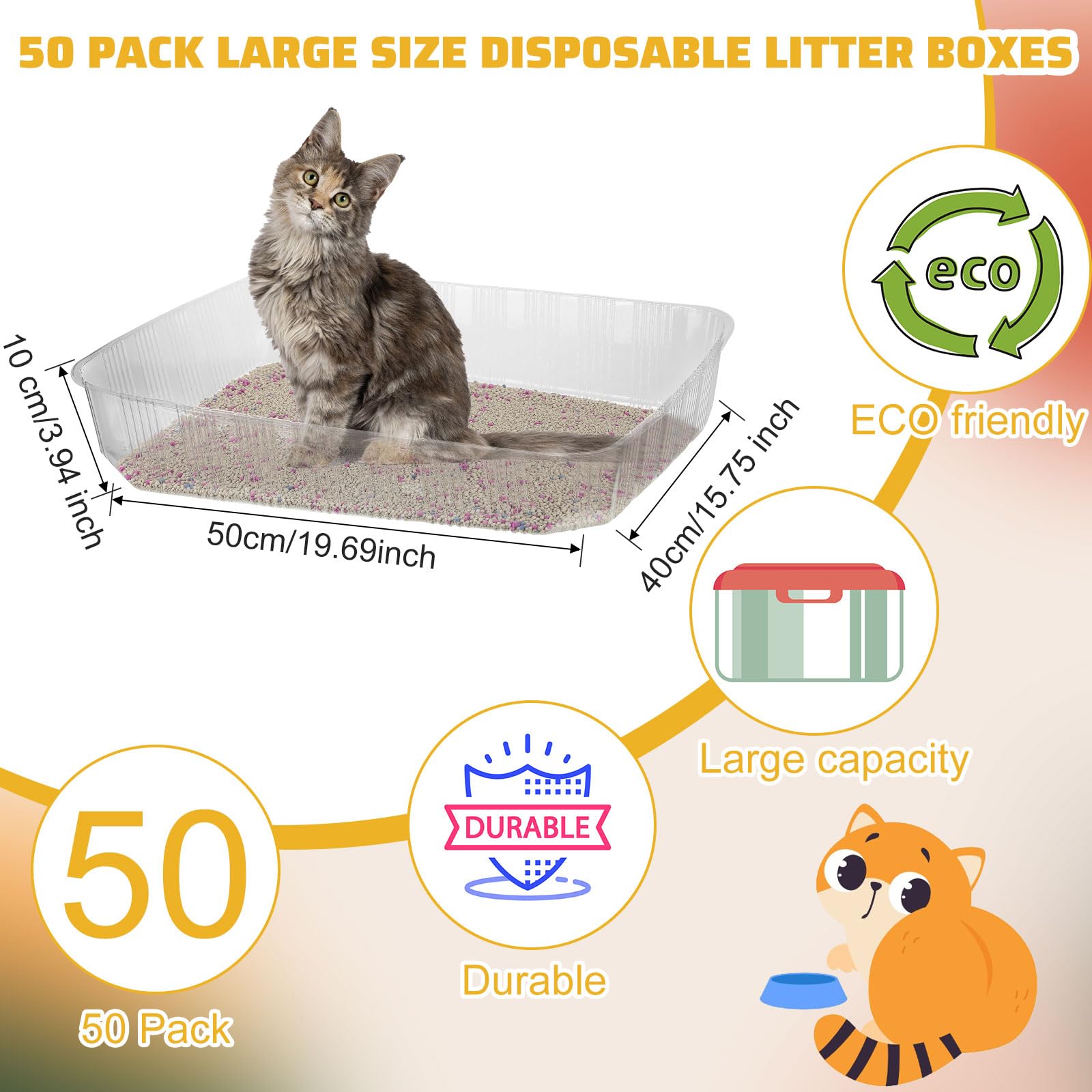 Zubebe Disposable Cat Litter Box - 50 Pack, Large Plastic Trays, 19.69"x15.75"x3.94", Clear, Portable for Indoor Home Travel