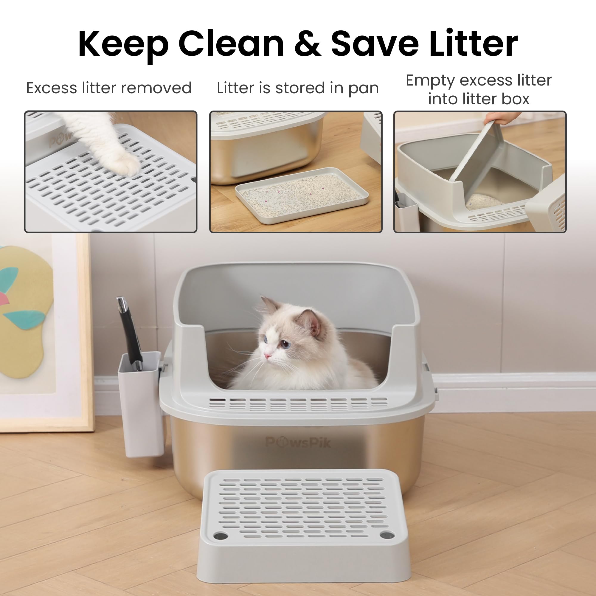 Pawspik Enclosed Xl Stainless Steel Litter Box With High Wall Sides, Leak-Resistant, Easy Cleaning, With Lid, Step, And Metal Sc