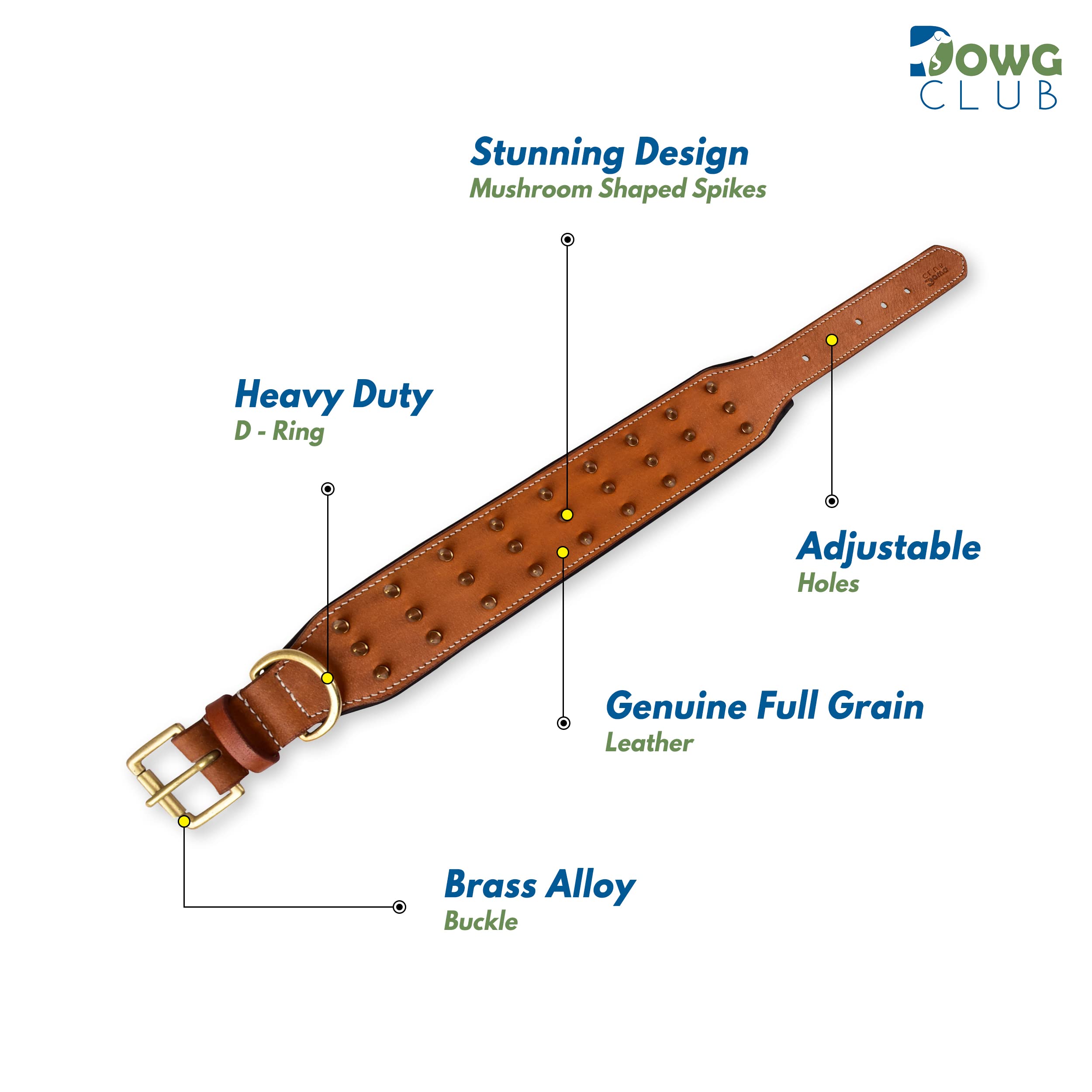 Dowgclub Spiked Leather Dog Collar - 2 Wide Full Grain Bridle Leather, Heavy Duty, Padded & Adjustable - For Extra Large Breed