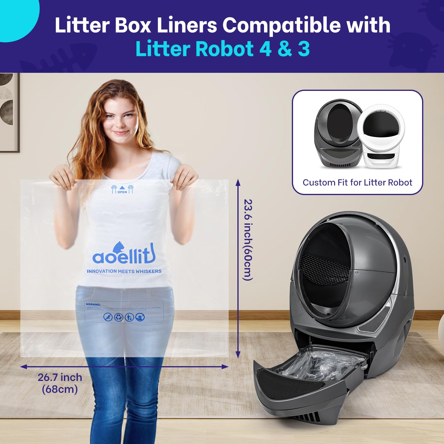 Aoellit 48 Count Litter Box Liners Litter Robot 4 & 3 Waste Bags, Cat Litter Bags For Self Cleaning Litter Box, Transparent Litt