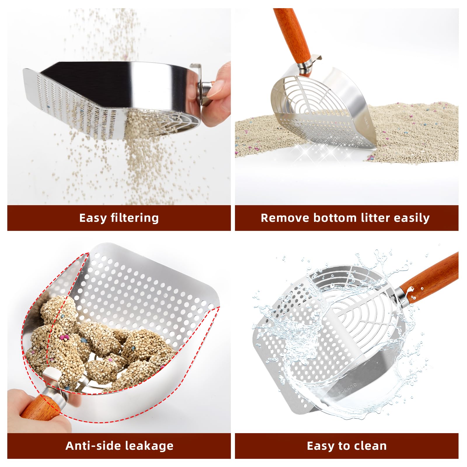 Ownpets Stainless Steel Cat Litter Scoop With Stand - Durable Wood Handle, Double-Wide Holes, Quick-Filter Design, Easy To Clean
