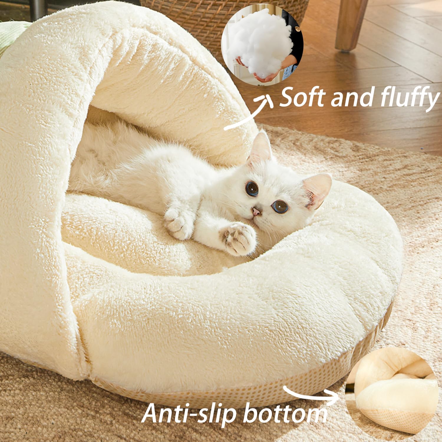 Romaneco Cat Bed - Pet Slipper Cave Bed for Indoor Cats and Small Dogs, Self Warming, Cozy & Soft Plush, Anti-Slip & Durable, Wa