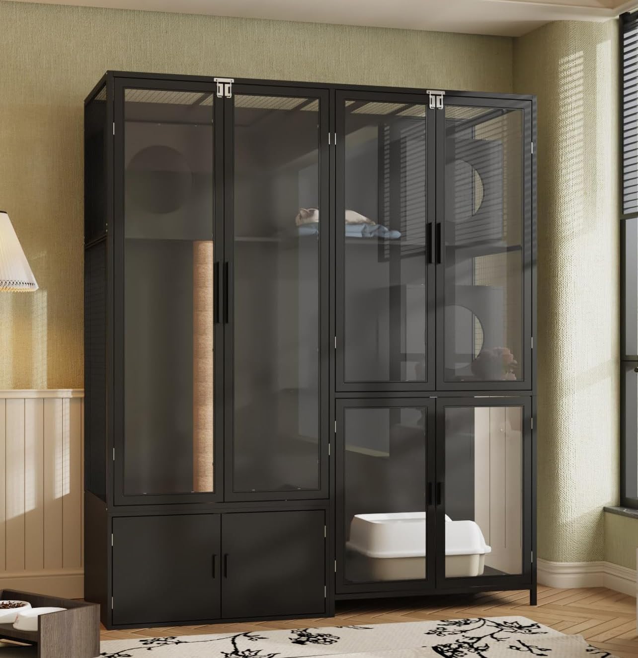 Dawnspaces 63 Cat Litter Box Enclosure, Extra Large Hidden Decorative Litterbox Cabinet Furniture With 3 Rooms, Acrylic Doors 