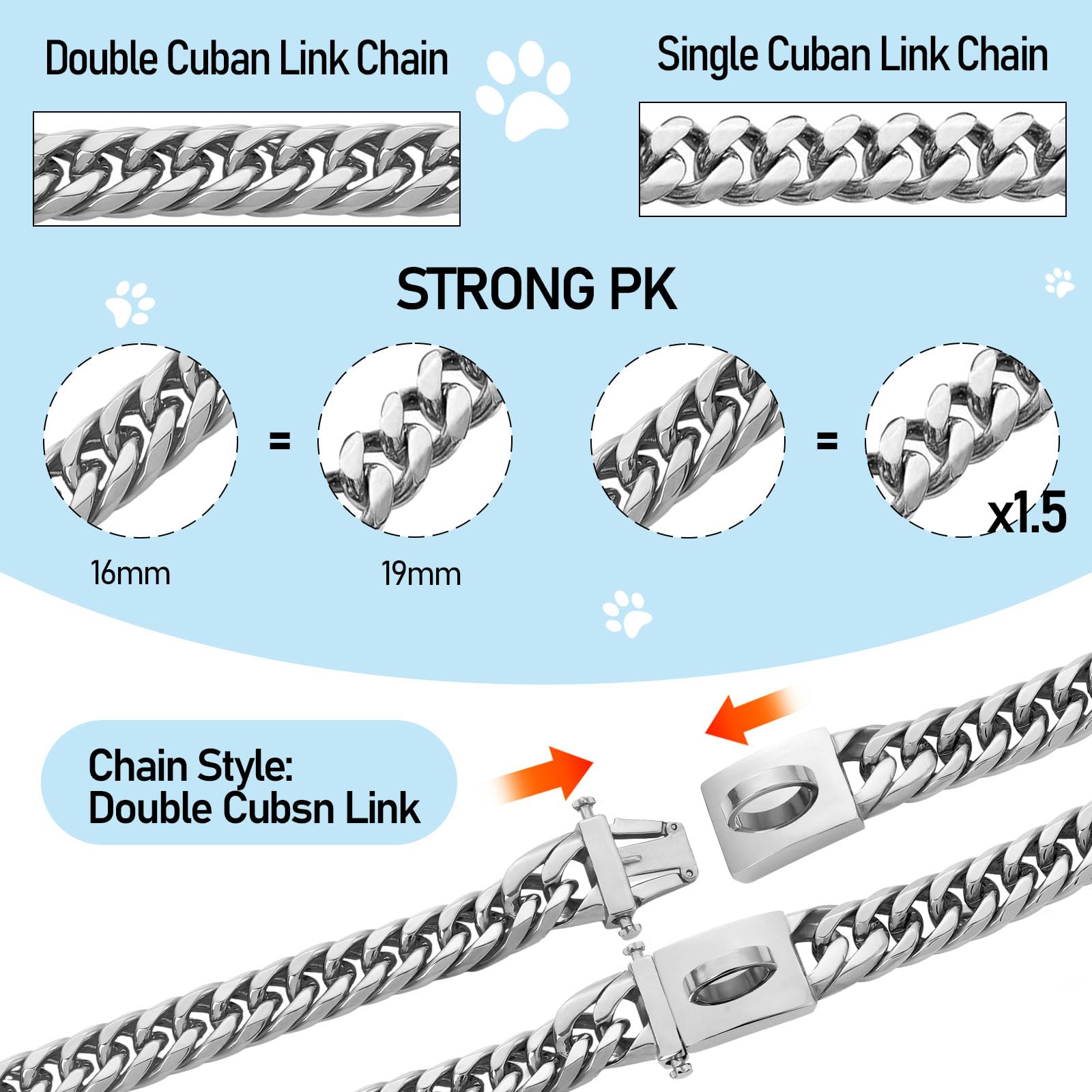 Baobote Silver Chain Dog Collar, 16Mm Heavy Duty Cuban Link Collar With Secure Snap Buckle, Chew Proof For Dogs (22'' Silver)