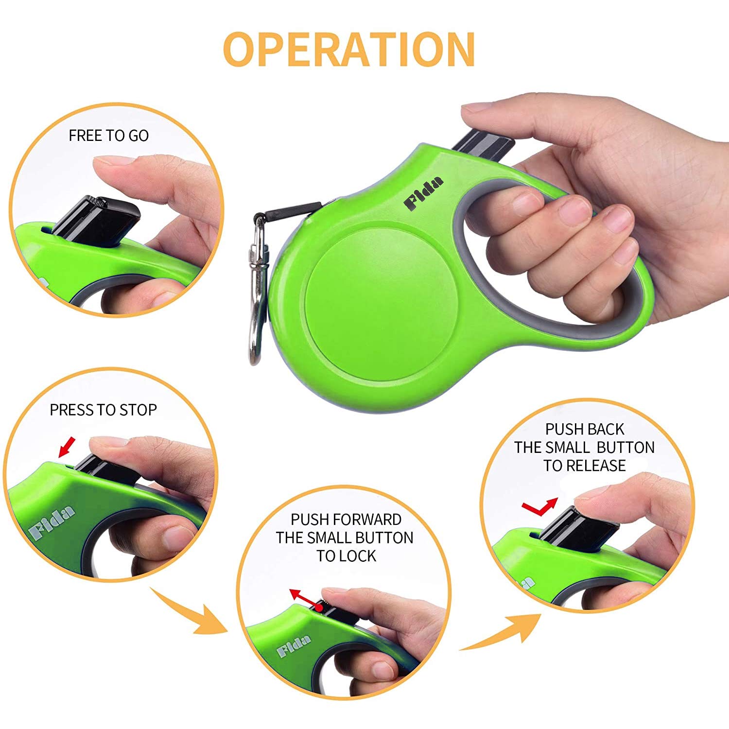 Fida Retractable Dog Leash, 10Ft Heavy Duty Pet Walking Leash For X-Small Dog Or Cat Up To 18 Lbs, Tangle Free. One-Hand Brake (X-Small, Green)