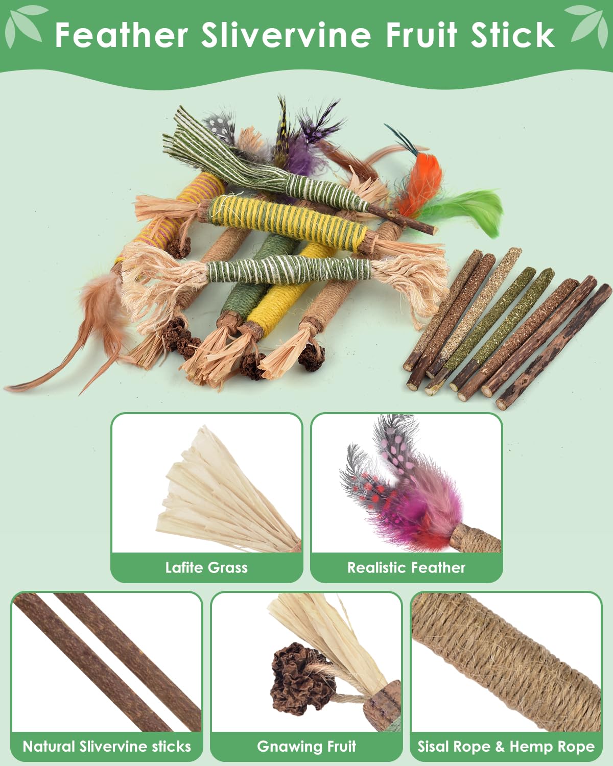 Bissap 20 Pcs Silvervine Chew Sticks For Cats, Catnip Chew Ropes Cat Toys For Indoor Cat Kitten Teeth Grinding Interactive Feath