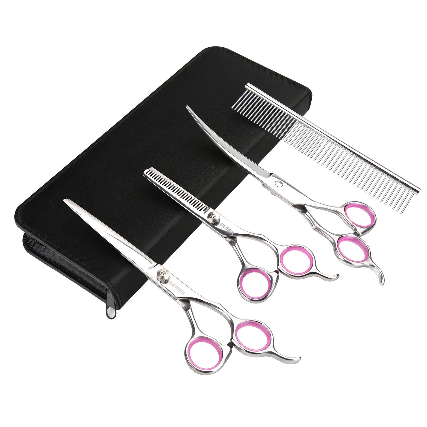 Gemek Pet Cat Dog Grooming Scissors Set 4 Pieces Stainless Steel Professional Pet Trimmer Kit - 7.5 Inch Straight Cutting Scissors, Thinning Shears, Curved Scissors, Grooming Combs