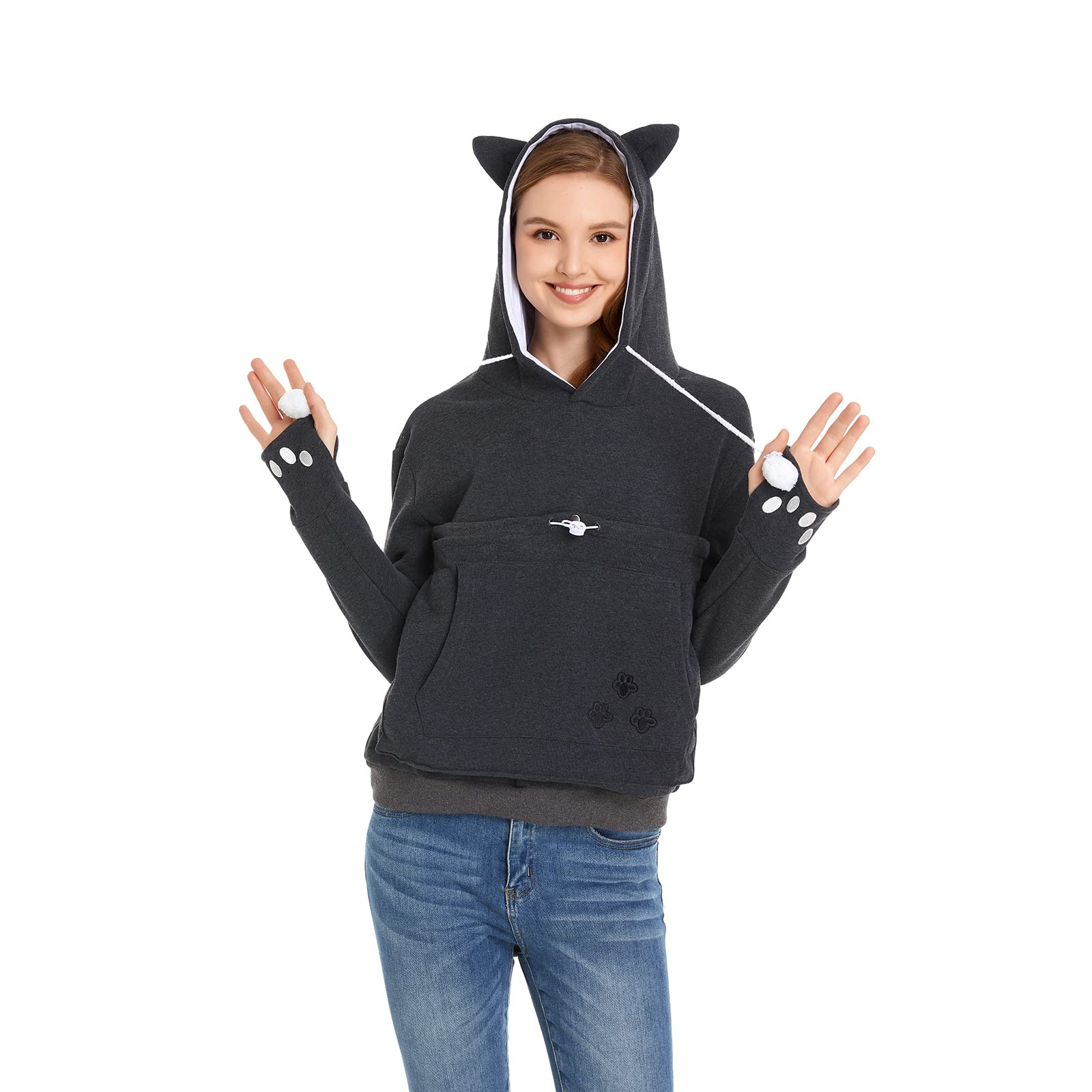 Unisex Big Pouch Hoodie Long Sleeve Pet Dog Holder Carrier Sweatshirt,Dark Grey-Thick,Large