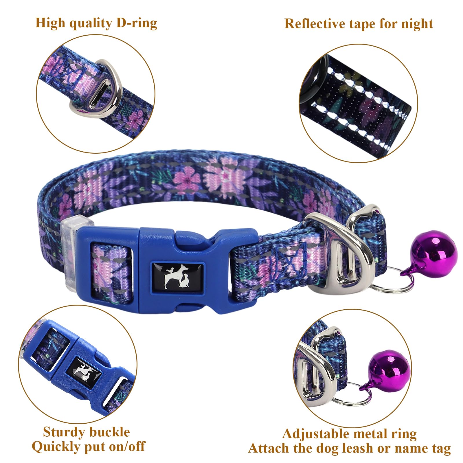 Floral Small Dog Collar With Bell For Small Dogs, Adjustable Flower Print Collar For Chihuahua Pomeranian, Reflective Soft Comfo