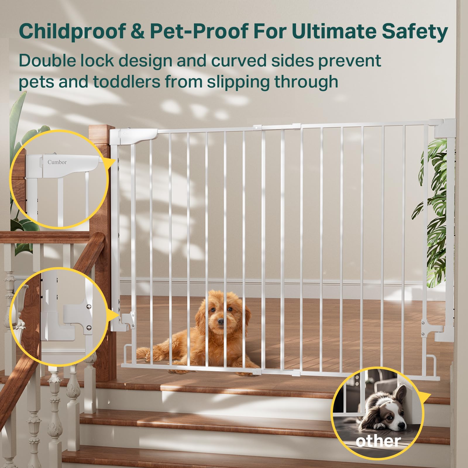 Cumbor 34 Extra Tall Baby Gate for Stairs, Wall-Mounted (Drill Required), Expandable 31.6-48 No Bottom Bar Dog Gate Indoor for L