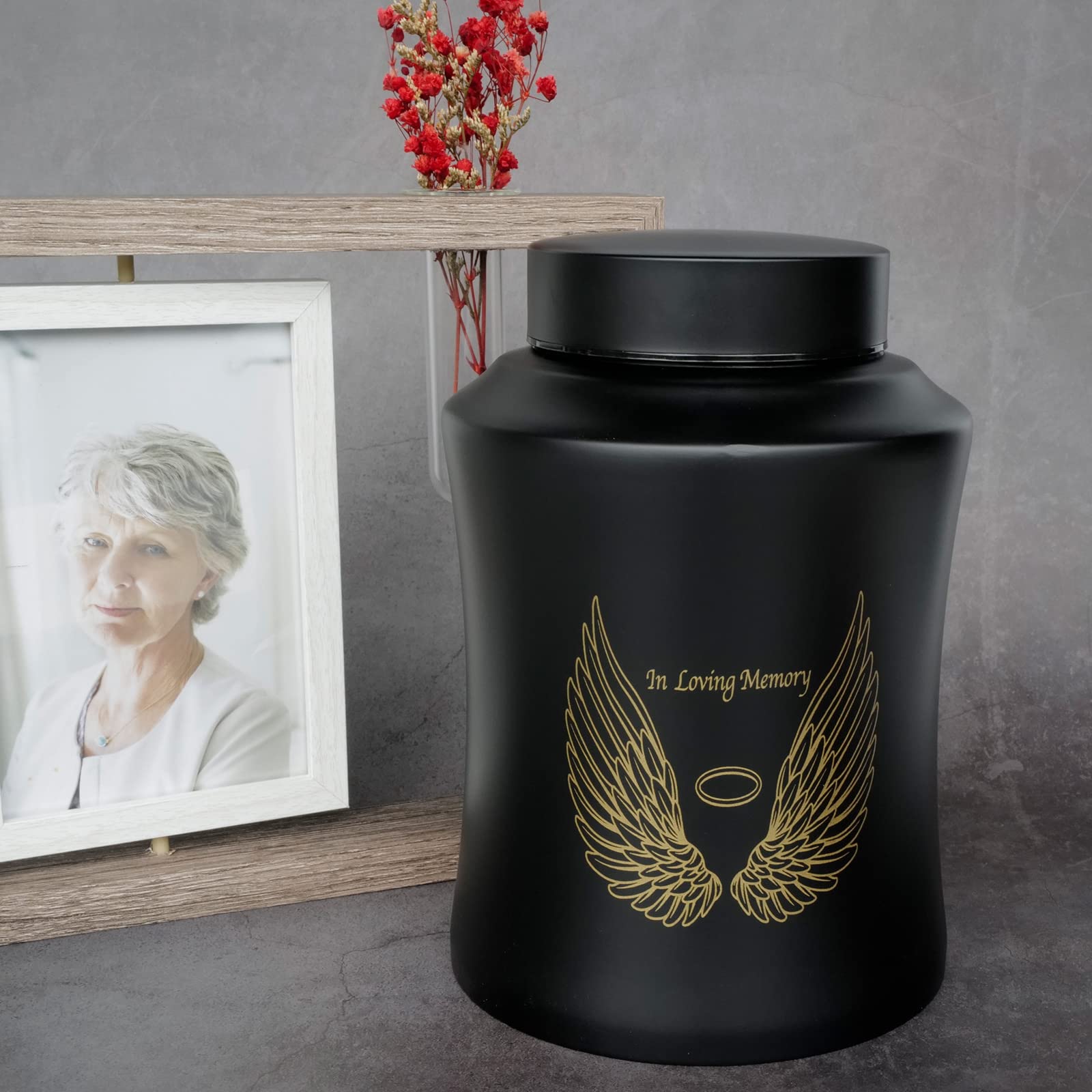Up To 160 Lbs Large Cremation Urns For Adult Human Ashes, Angel Wings In Loving Memory Decorative Funeral Burial Urn For Male Female Ashes With Velvet Bag(Black)