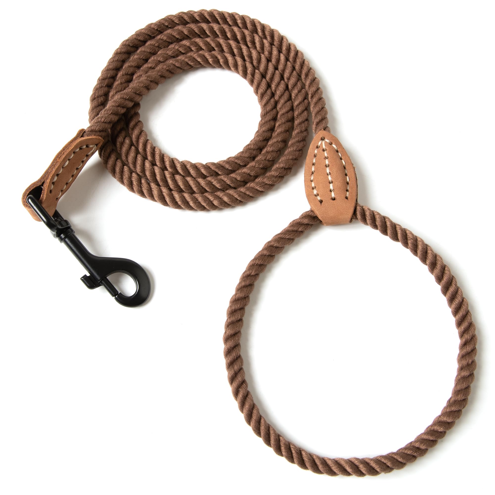 Mile High Life Dog Leash, Braided Cotton Rope Leashes With Leather Tip - Heavy Duty Metal Clasp, 5Ft, 1/3'' Thick - Wedding, Wal