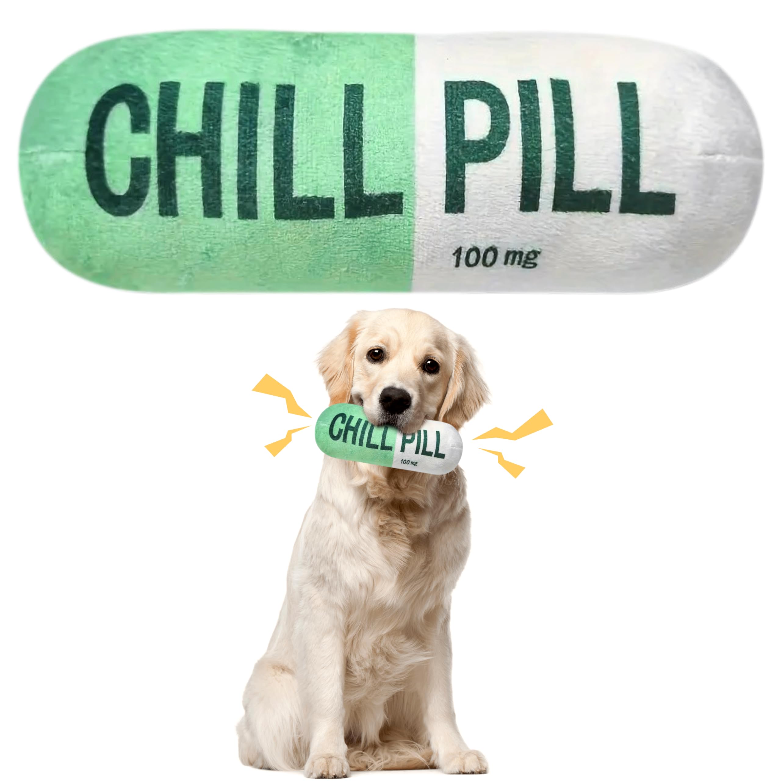 Cuweipeng Funny Dog Squeaky Toy - Green Chill Pill Capsule Shaped Teething Squeak Plush Pet Toy Bite Kick Indoor Interactive Tra