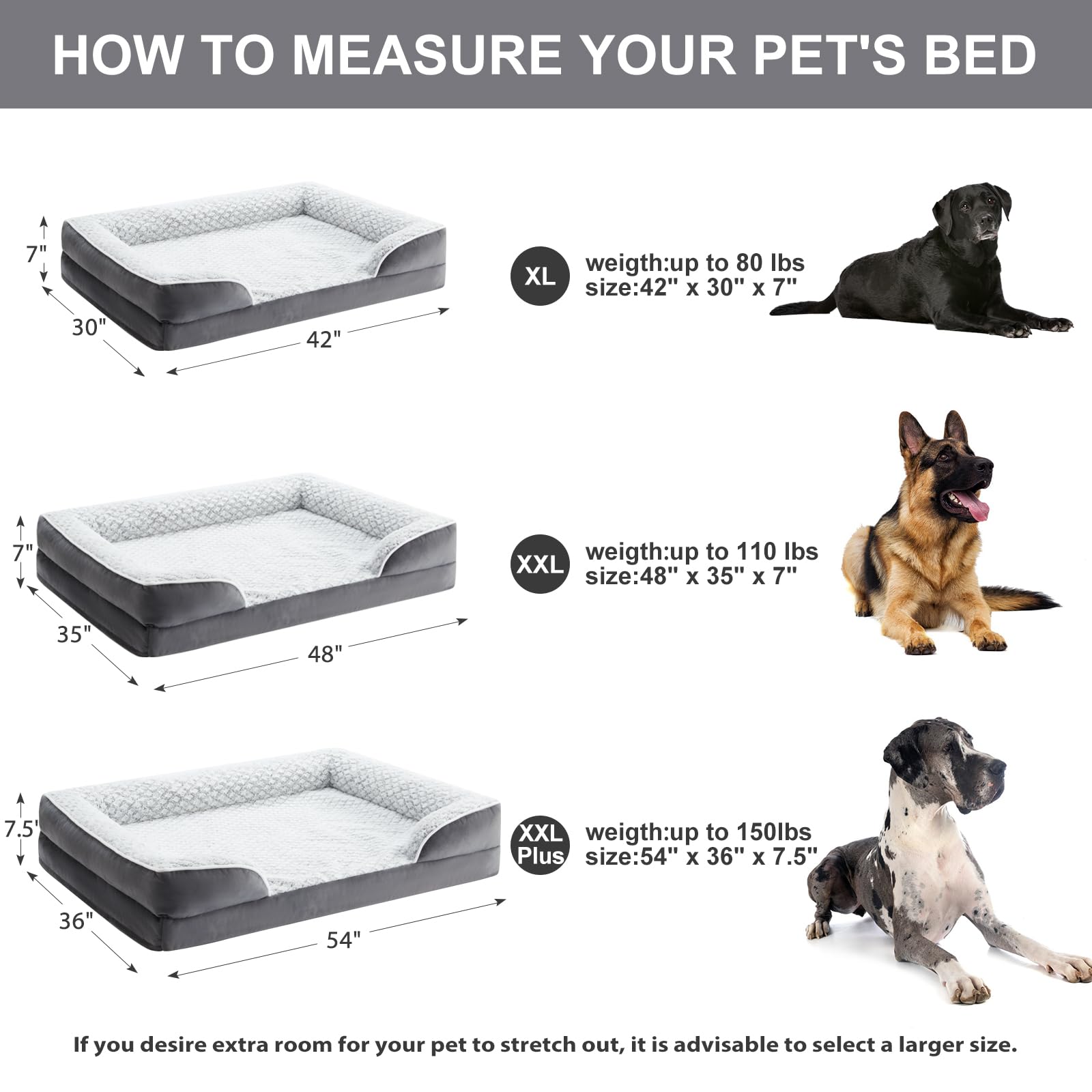 LEXTRO Orthopedic Dog Bed for Large Dogs, Egg Crate Foam, 42"x30"x7", Deep Grey, Waterproof Cover, Anti-Slip Bottom