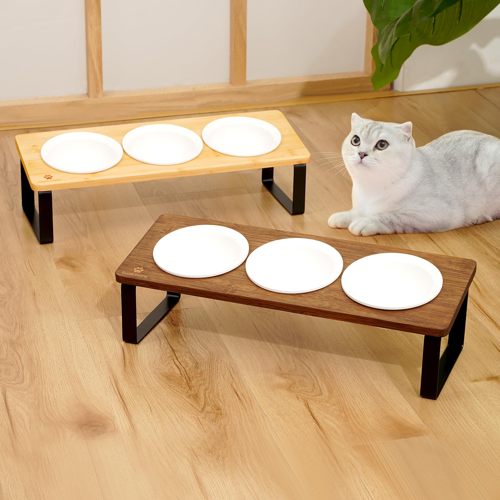 Sunhoo Raised Cat Food Water Bowl Elevated Tilted Kitty Dishes Set of 3 Ceramic Dish for Indoor Cats Orthopedic Pet Food Stand A