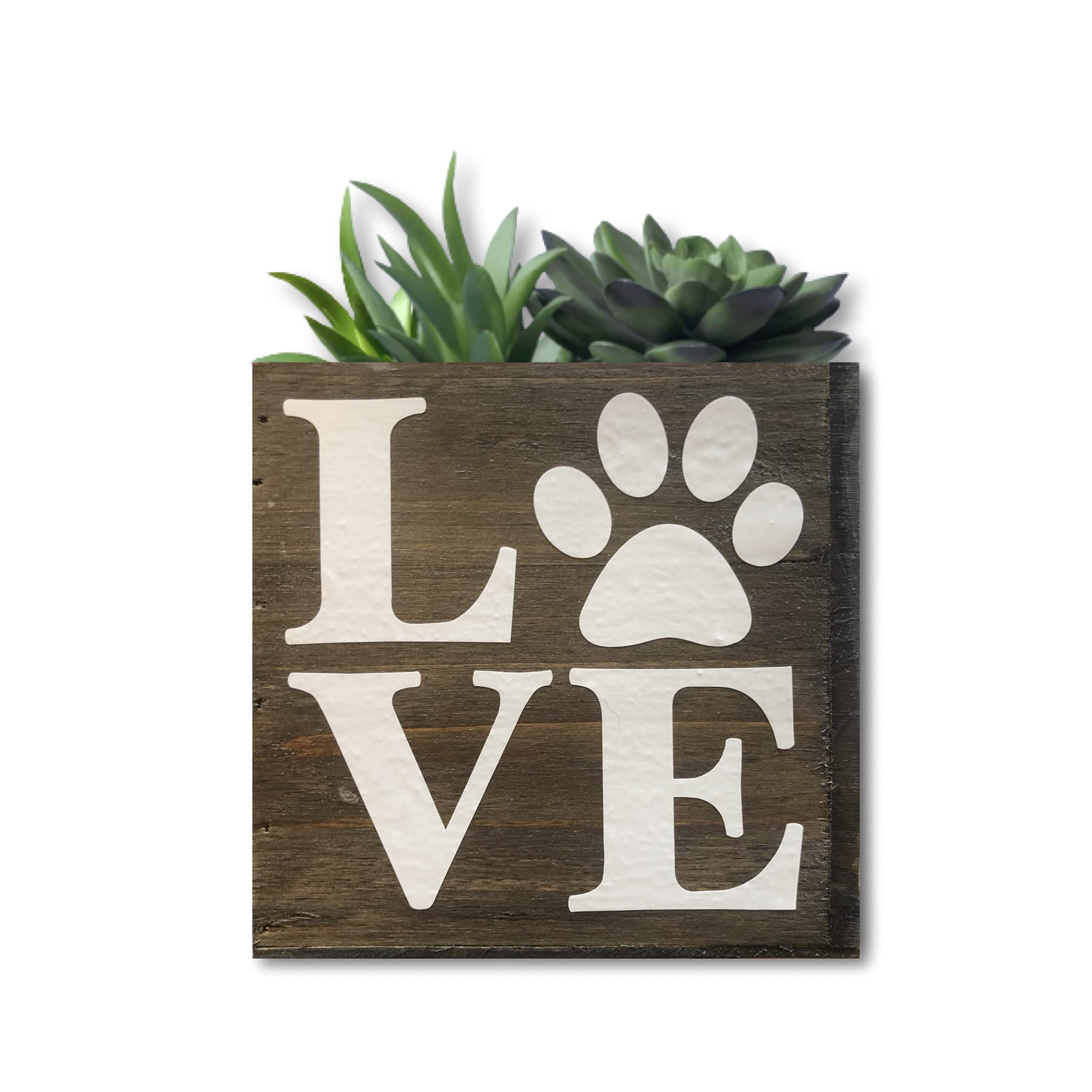 Paw Love Succulent Planter, Cute Gift For Cat And Dog Lovers, Veterinarian, Decorative Bin (5 Square Inches, Natural Brown Wood)