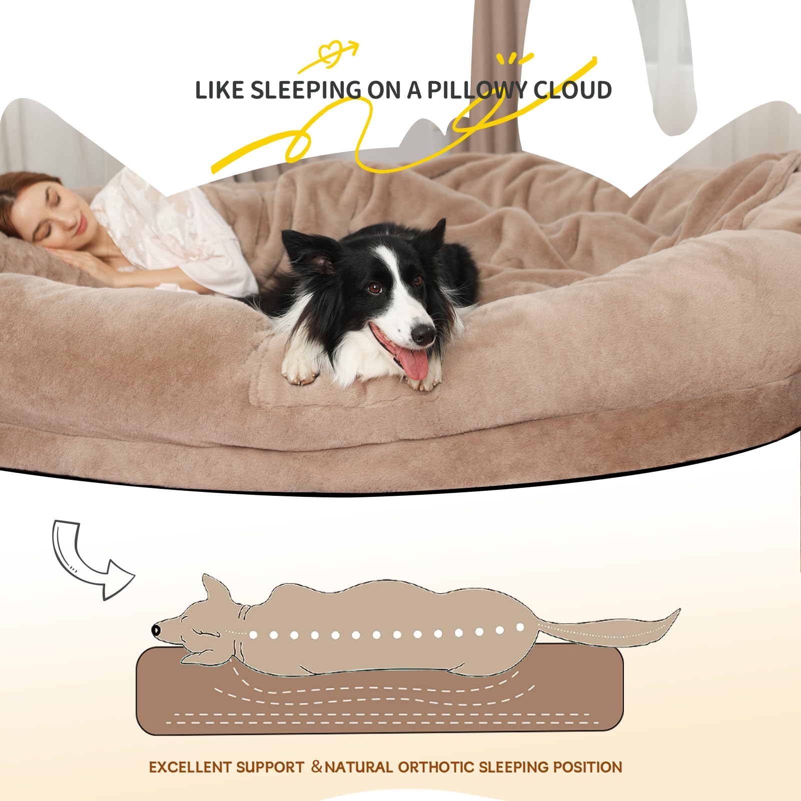 Fvkind Human Dog Bed For Adults, 73''X56''X12'' Washable Orthopedic Size, Faux Fur Removable, Cozy Large Present With Blanket An